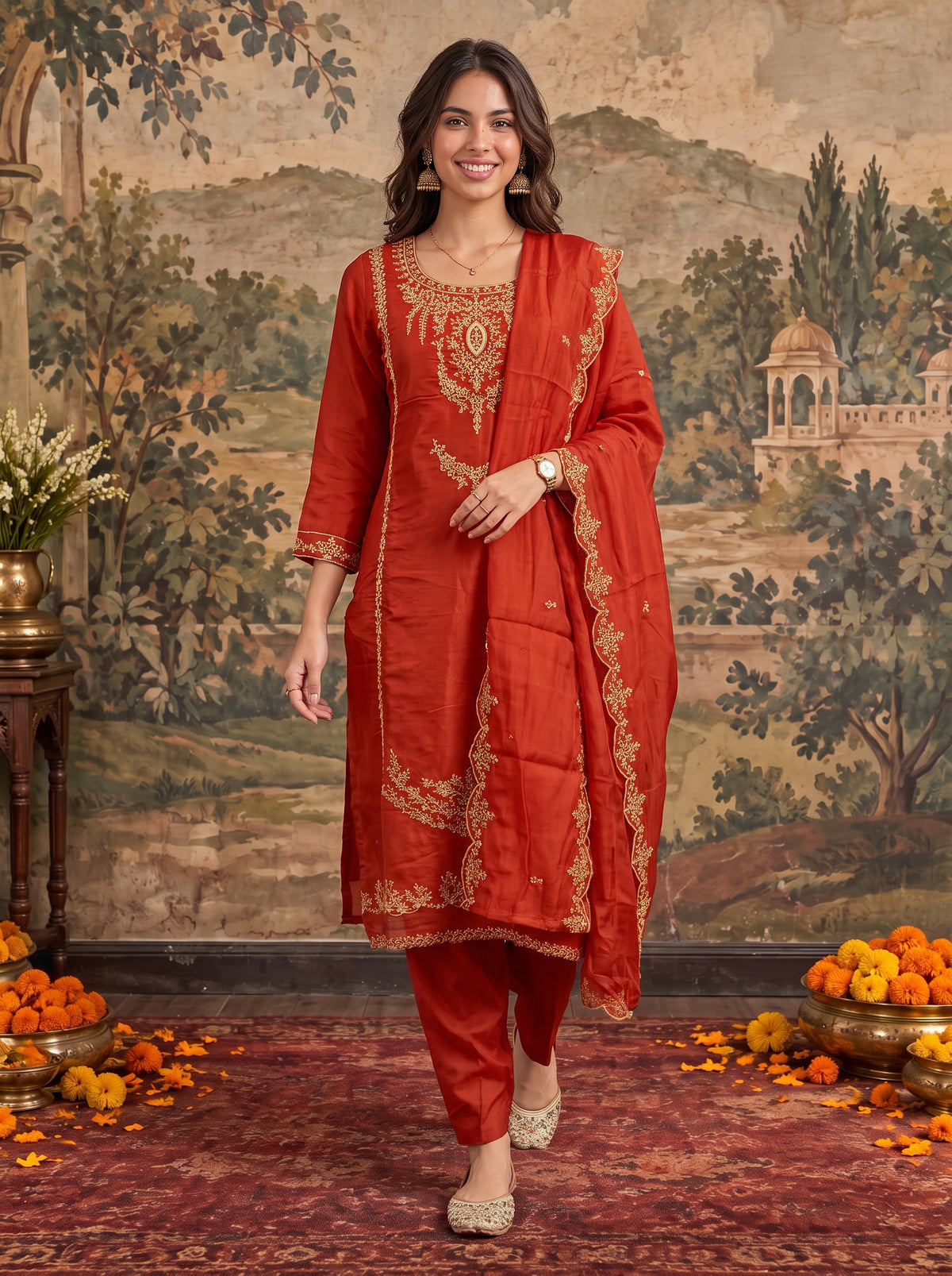 Chanderi Embroidered Straight Calf Length Kurta With Pant and Dupatta