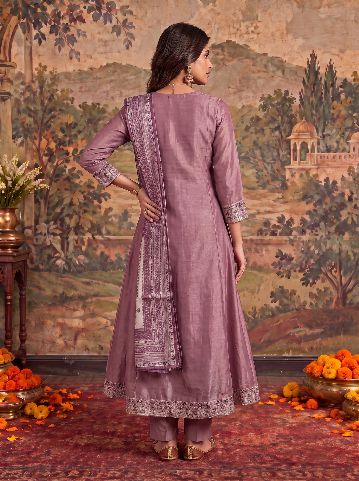 Viscose Embroidered Flared Calf Length Kurta With Pant and Dupatta