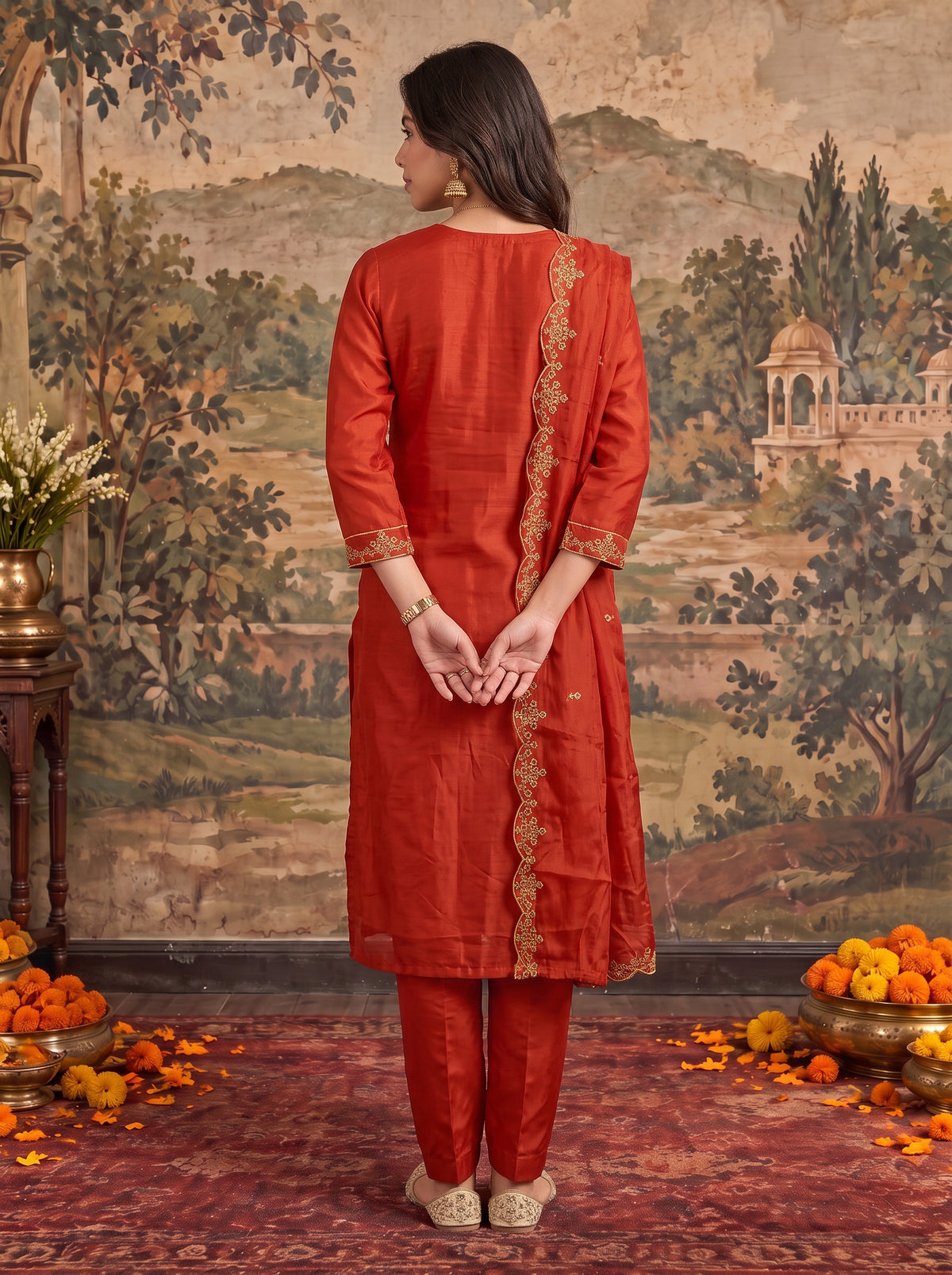 Buy Chanderi Embroidered Straight Calf Length Kurta With Pant and Dupatta-Rust