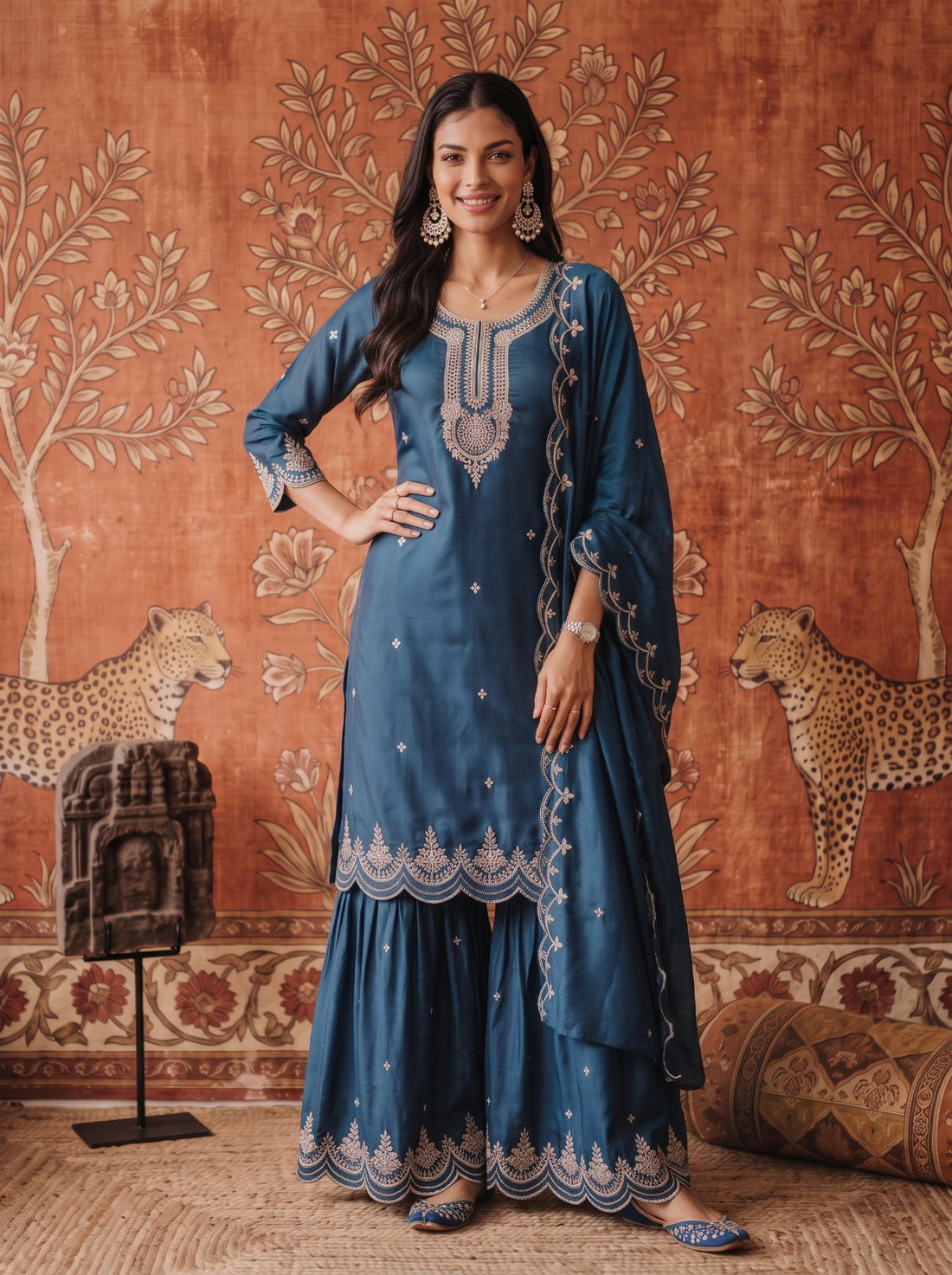 Buy Viscose Embroidered Straight Knee Length Kurta With Pant and Dupatta-Blue