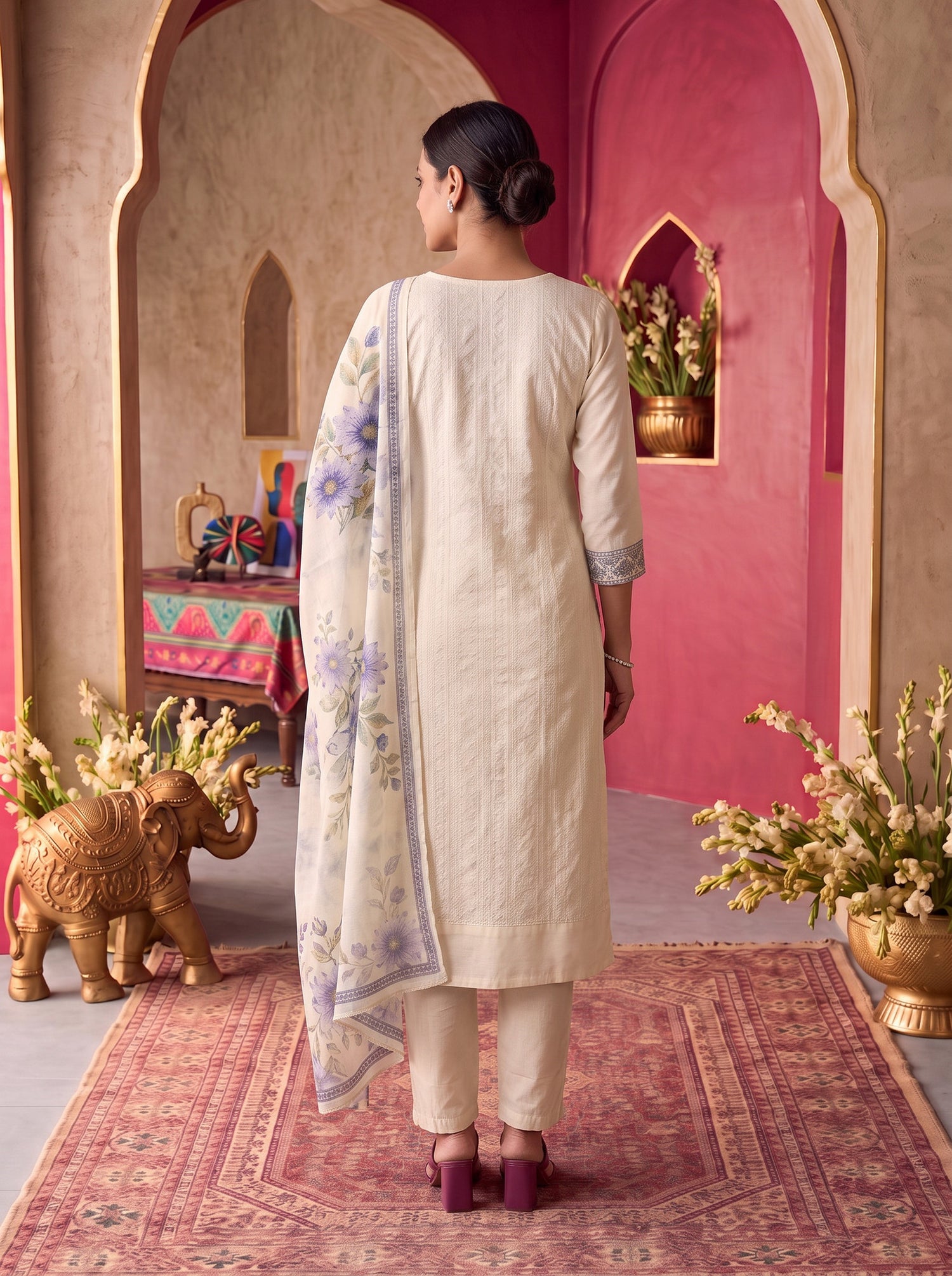 Buy Viscose Embroidered Straight Calf Length Kurta With Pant and Dupatta-Off White
