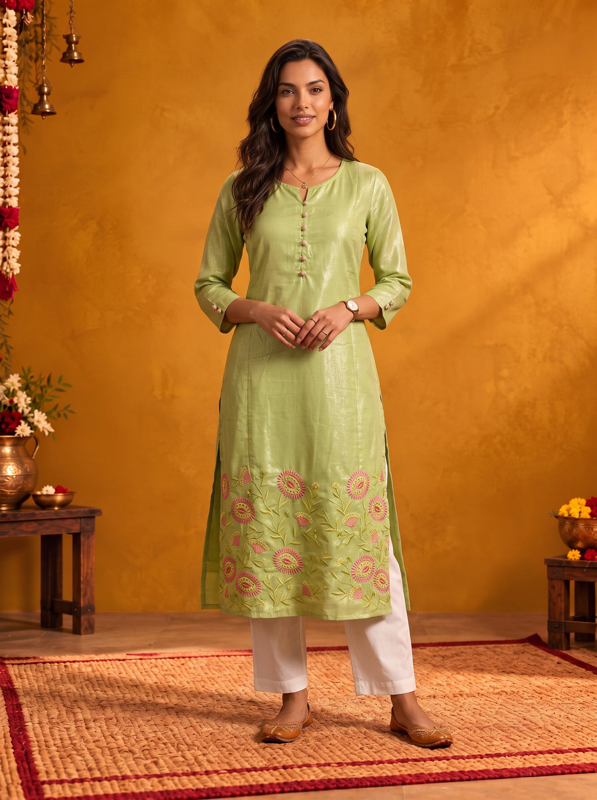 Buy Cotton Embroidered Straight Calf Length Kurta-Lime Green