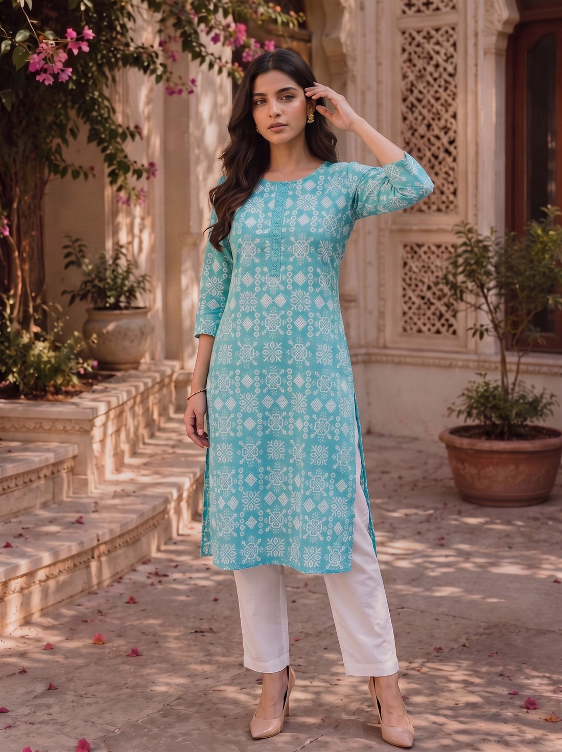 Buy Cotton Embroidered Straight Knee Length Kurta-Light Blue