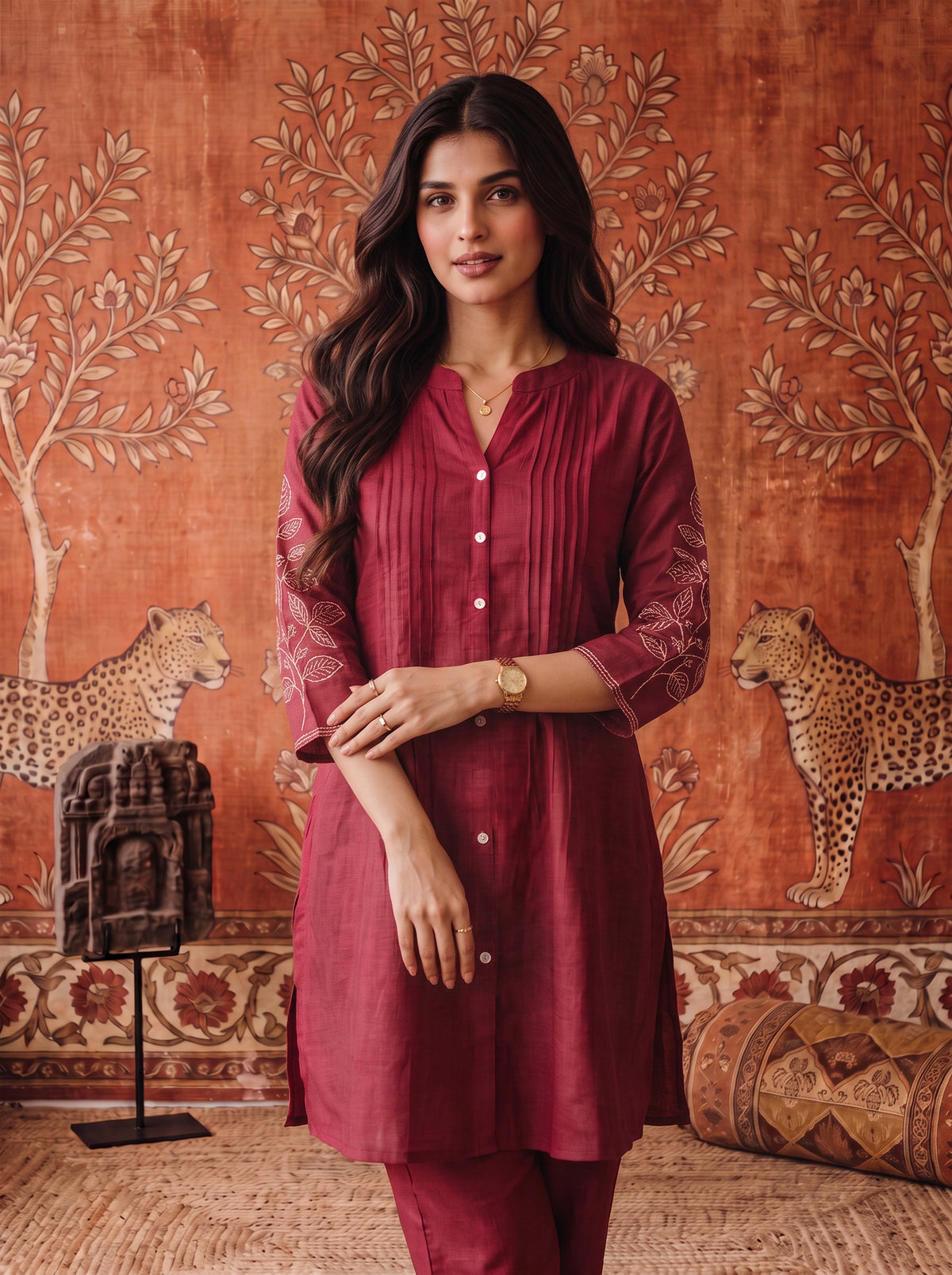 Viscose Embroidered Straight Thigh Length Kurta With Pant