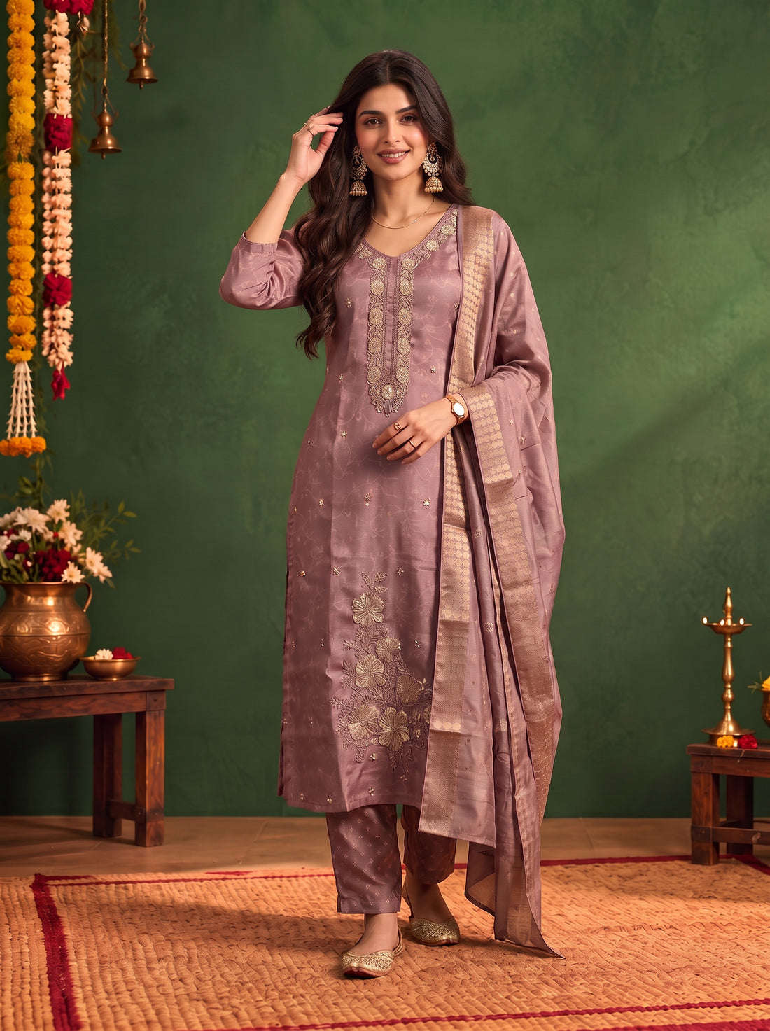 Buy Viscose Embroidered Straight Calf Length Kurta With Pant and Dupatta-Lavender