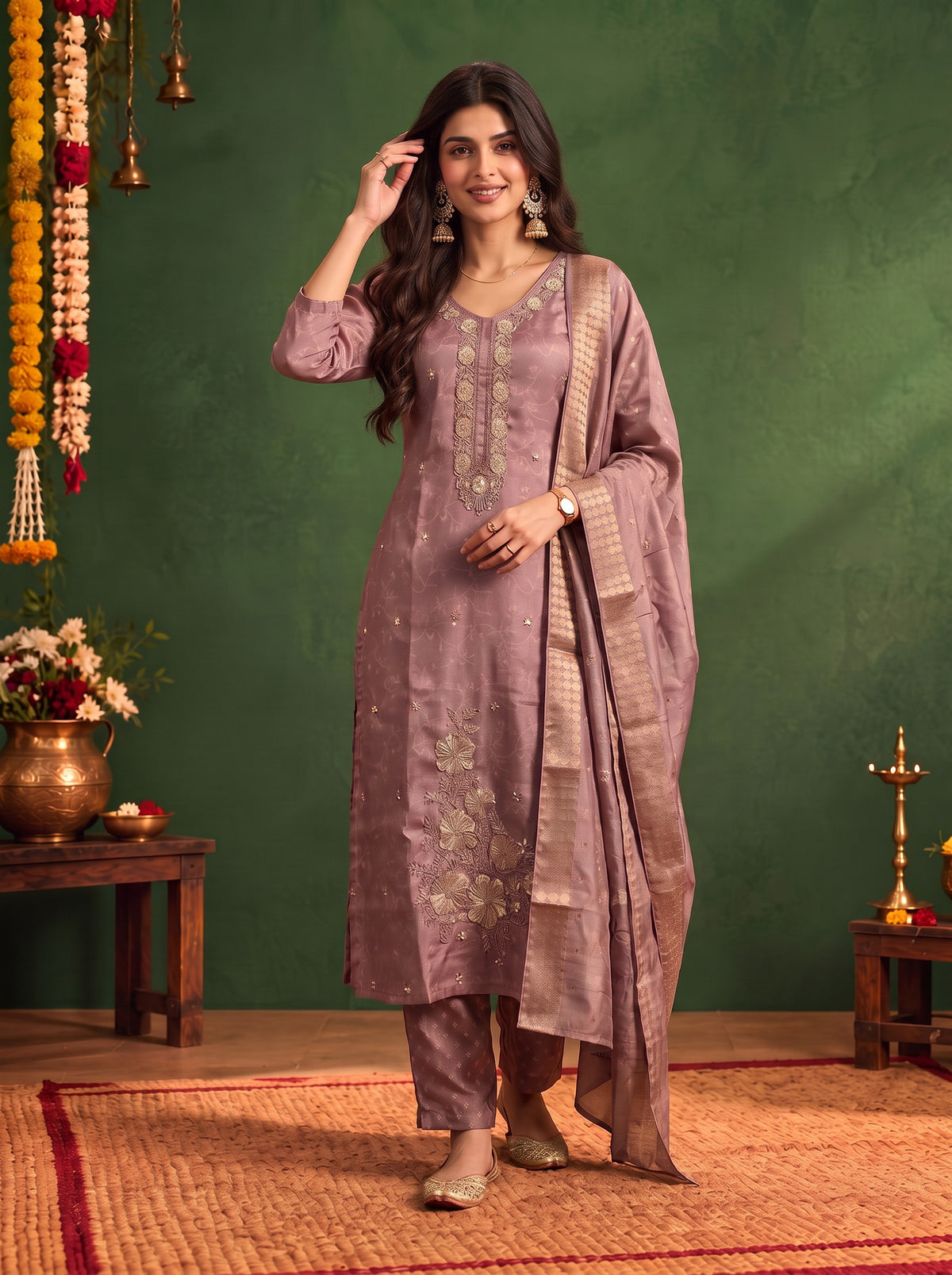 Viscose Embroidered Straight Calf Length Kurta With Pant and Dupatta