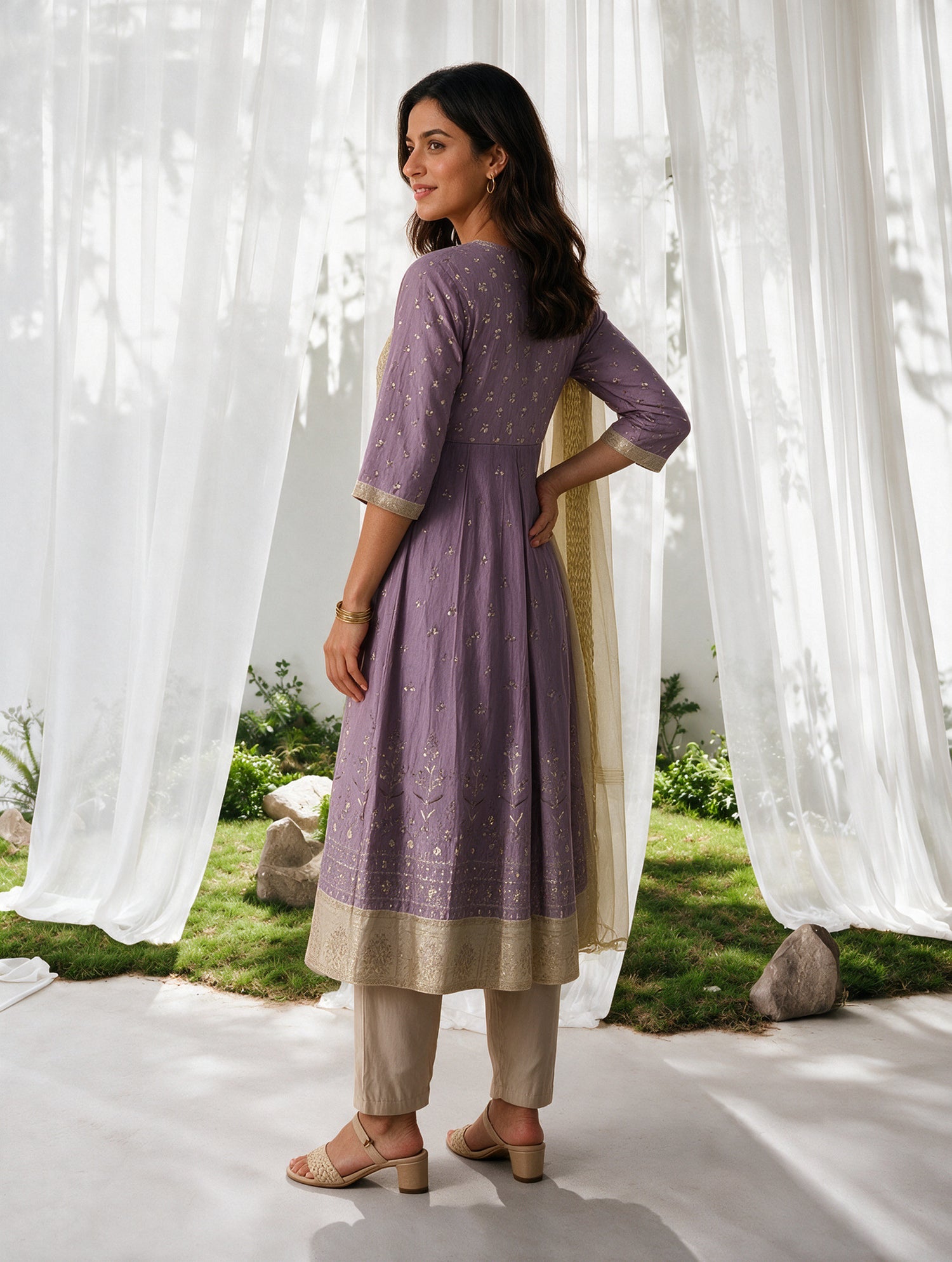 Buy Viscose Embroidered Flared Calf Length Kurta With Pant and Dupatta-Mauve