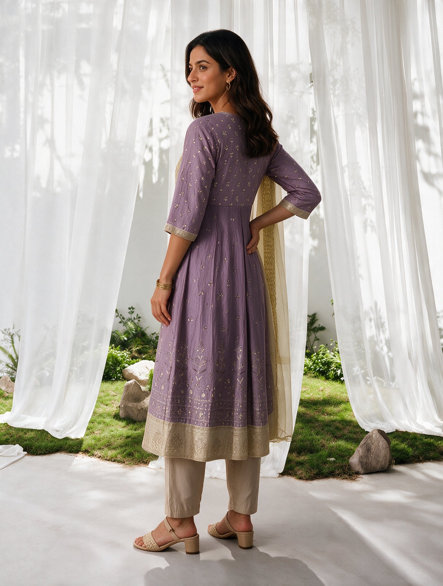 Viscose Embroidered Flared Calf Length Kurta With Pant and Dupatta