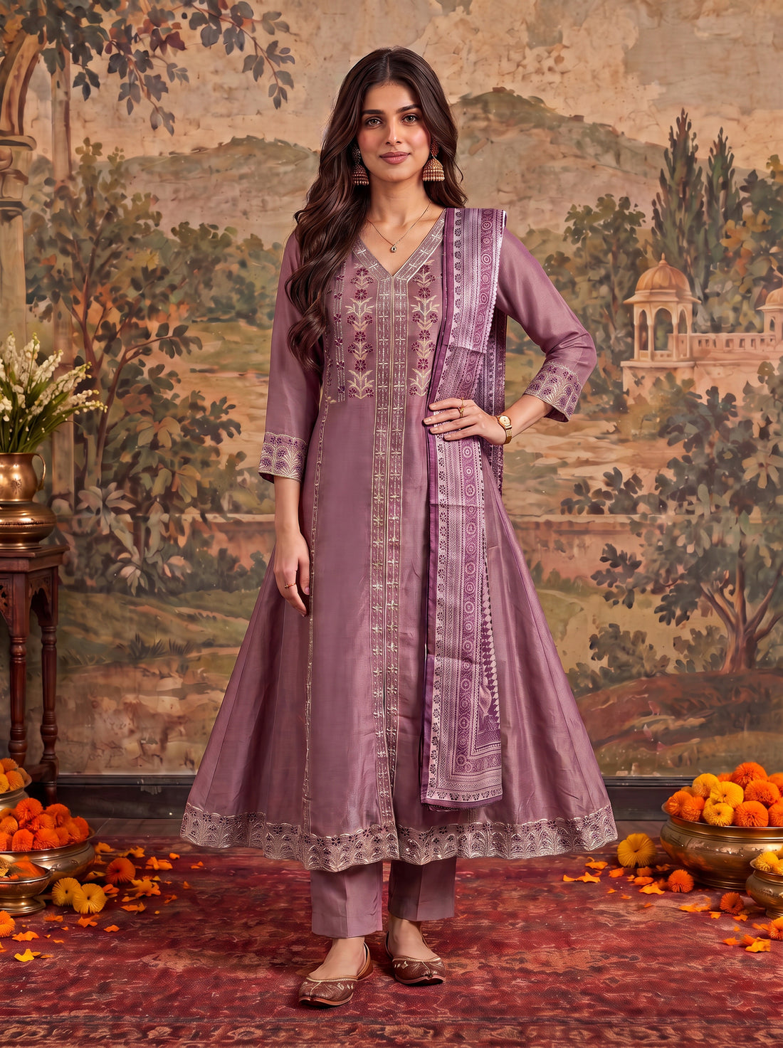 Buy Viscose Embroidered Flared Calf Length Kurta With Pant and Dupatta-Lavender