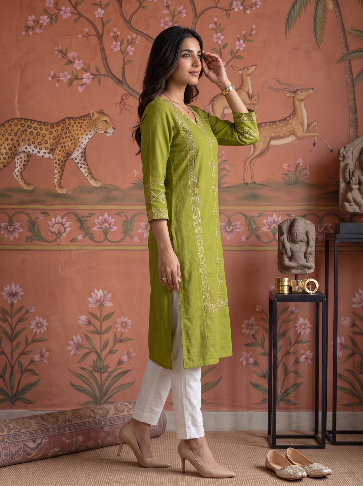 Viscose Embroidered Straight Calf Length Kurta