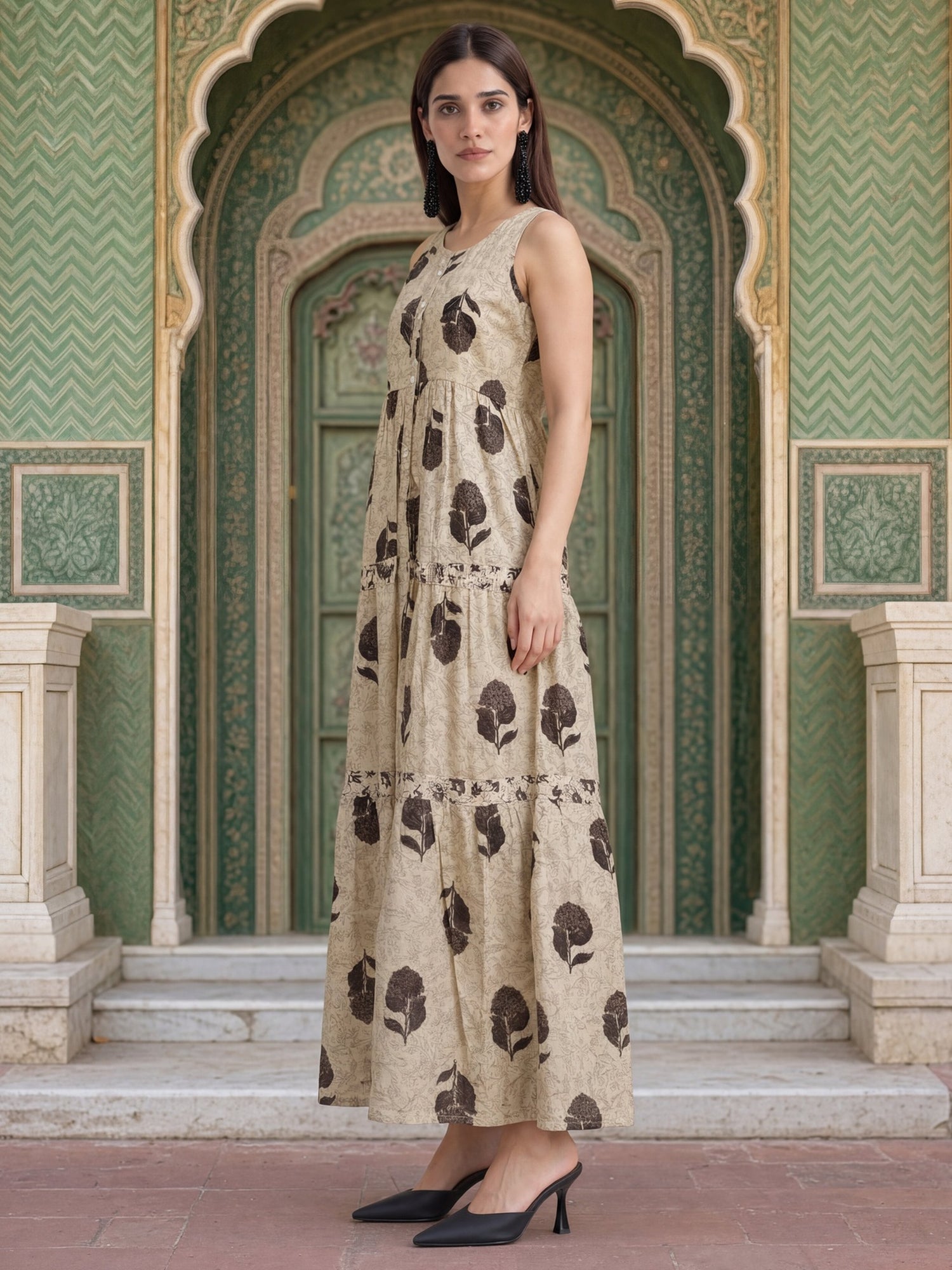 Cotton Printed Flared Calf Length Dress
