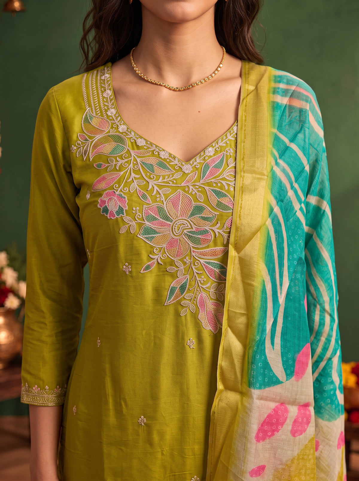 Viscose Embroidered Straight Calf Length Kurta With Pant and Dupatta