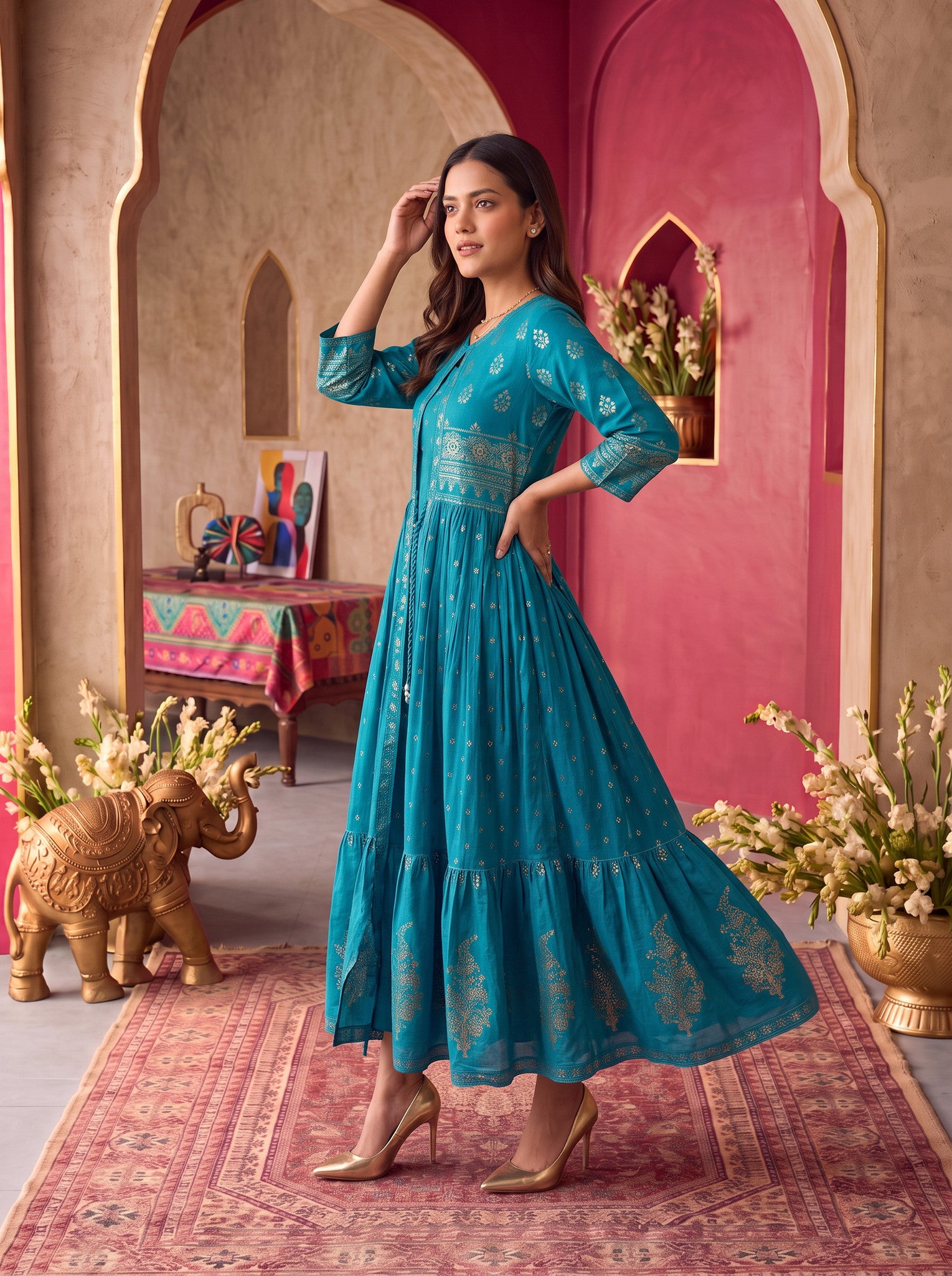 Viscose Printed Flared Calf Length Kurta