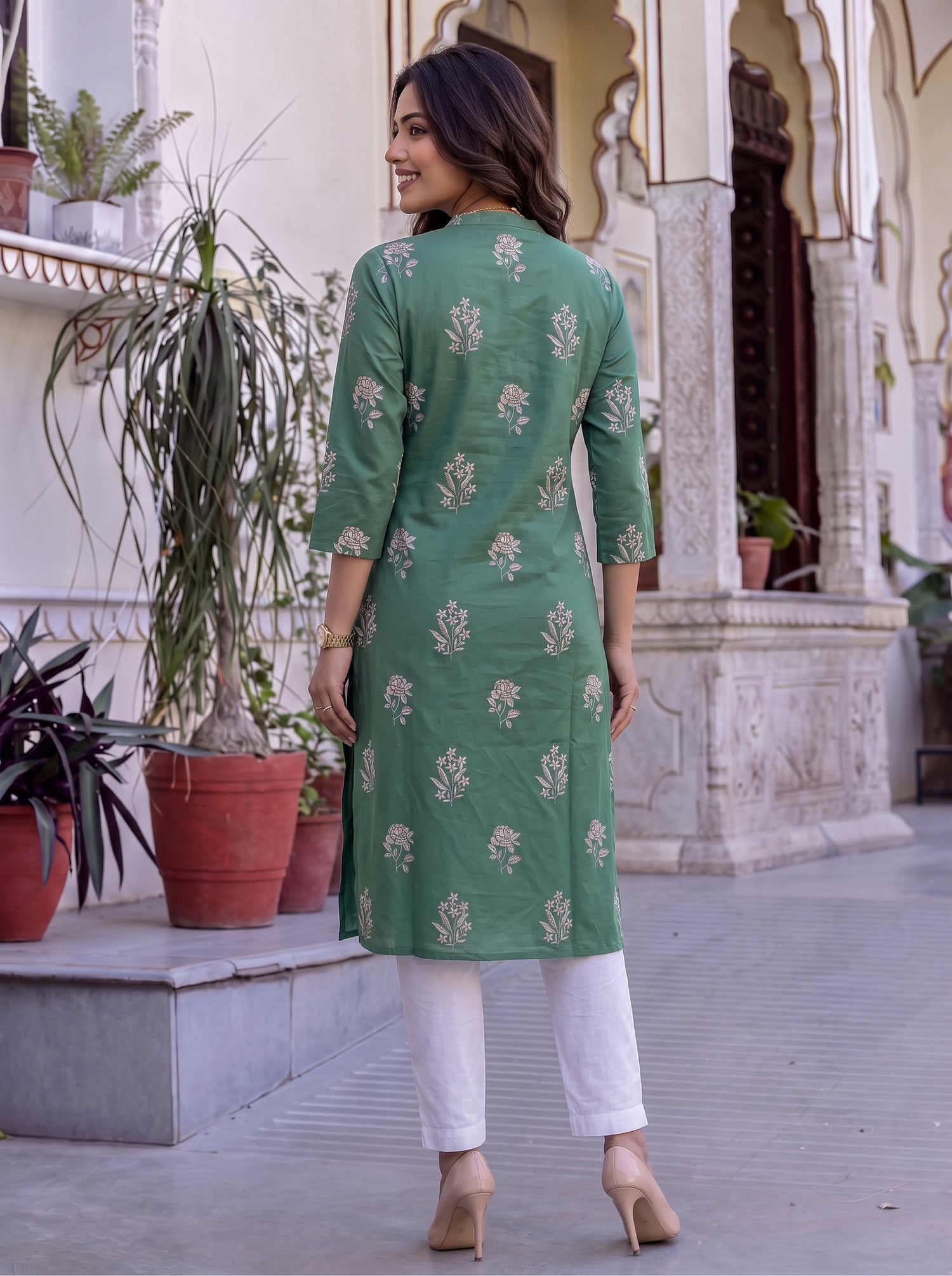 Buy Cotton Printed Straight Knee Length Kurta-Green