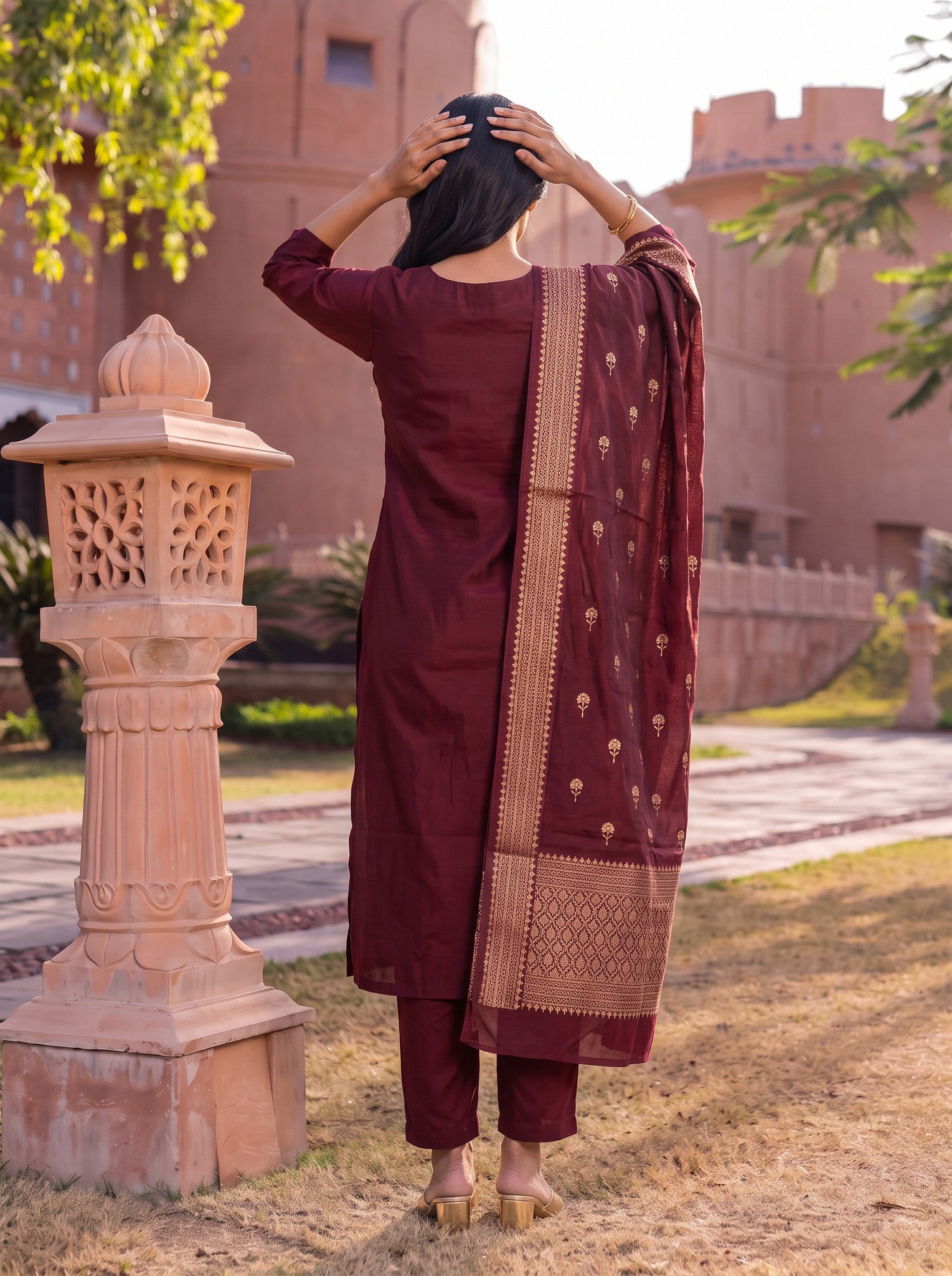 Viscose Embroidered Flared Calf Length Kurta With Pant and Dupatta