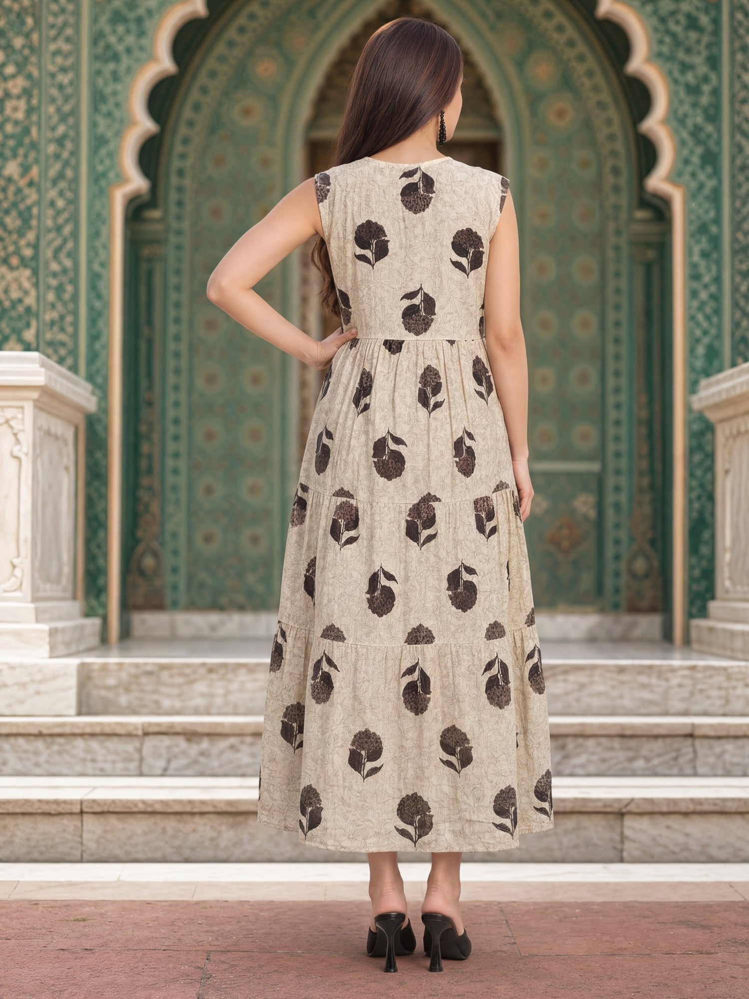 Buy Cotton Printed Flared Calf Length Dress-Beige
