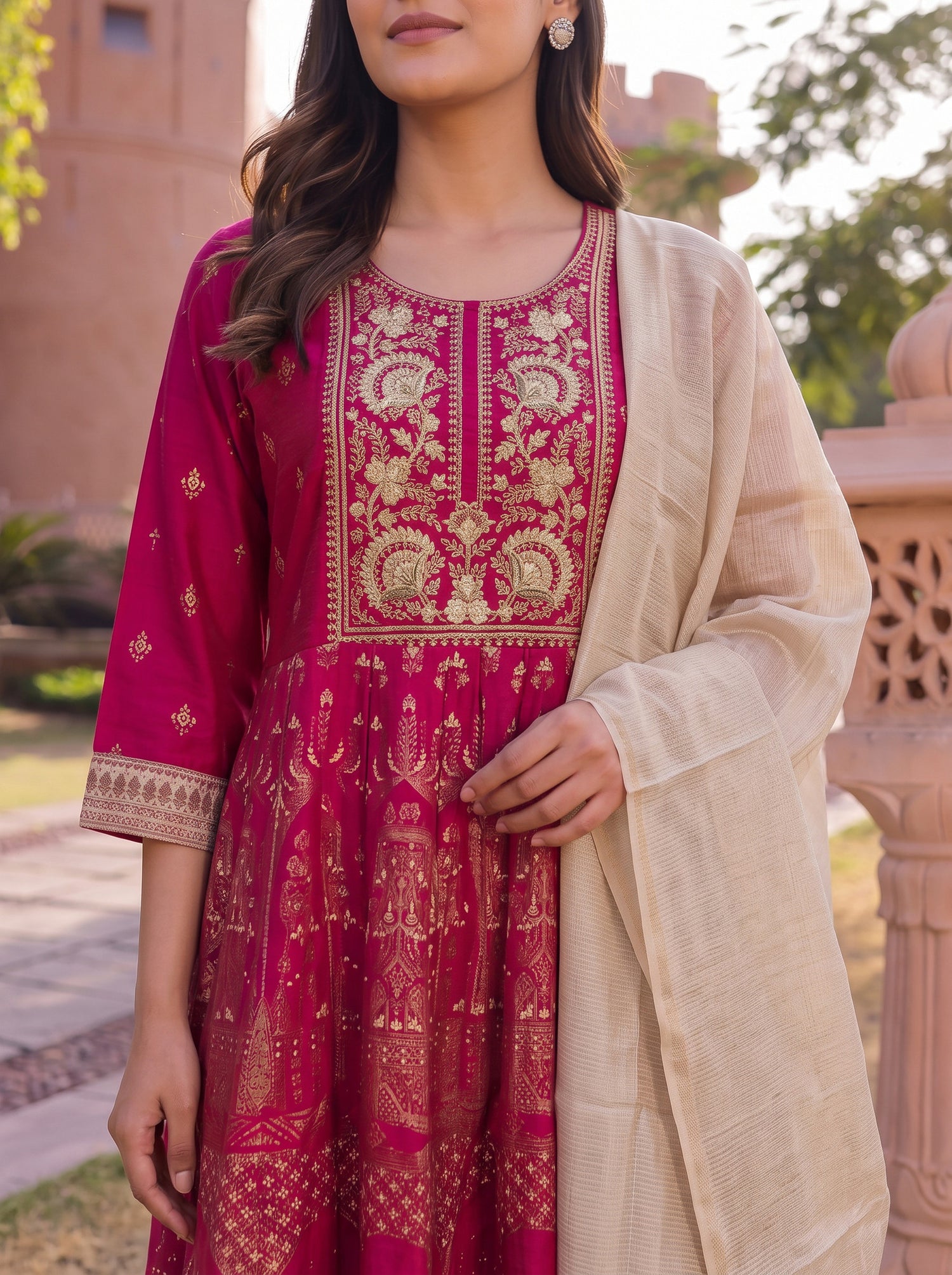 Buy Viscose Embroidered Straight Calf Length Kurta With Pant and Dupatta-Pink