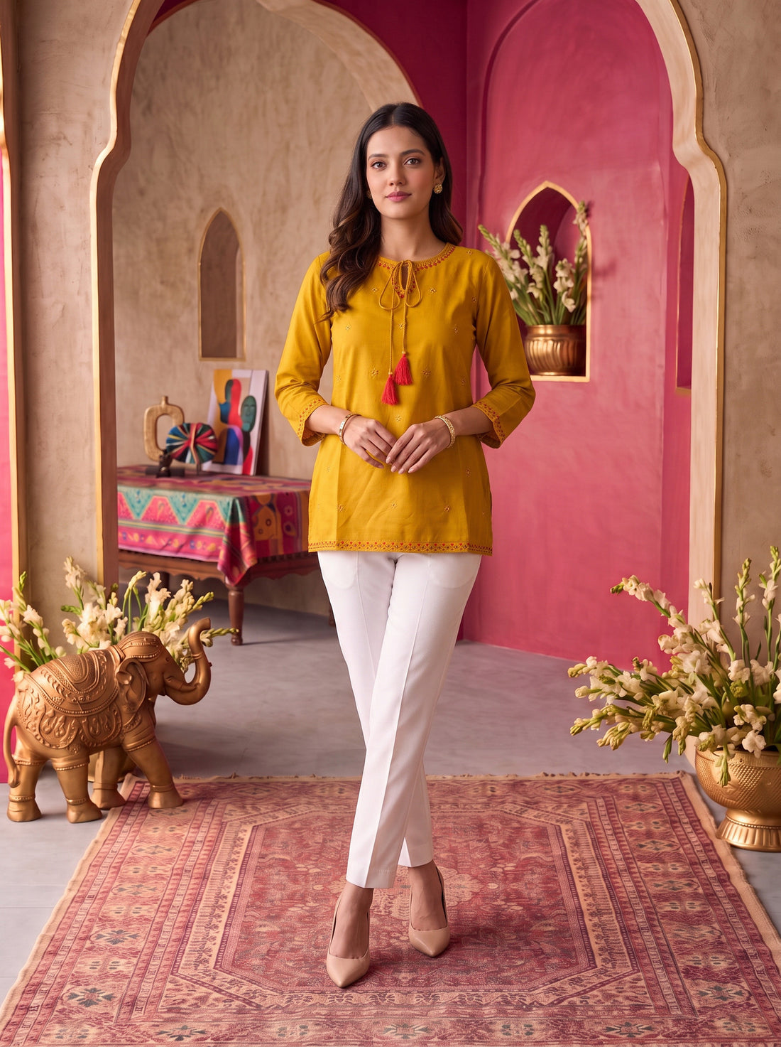 Buy Rayon Embroidered Straight Short Length Short Kurta-Mustard