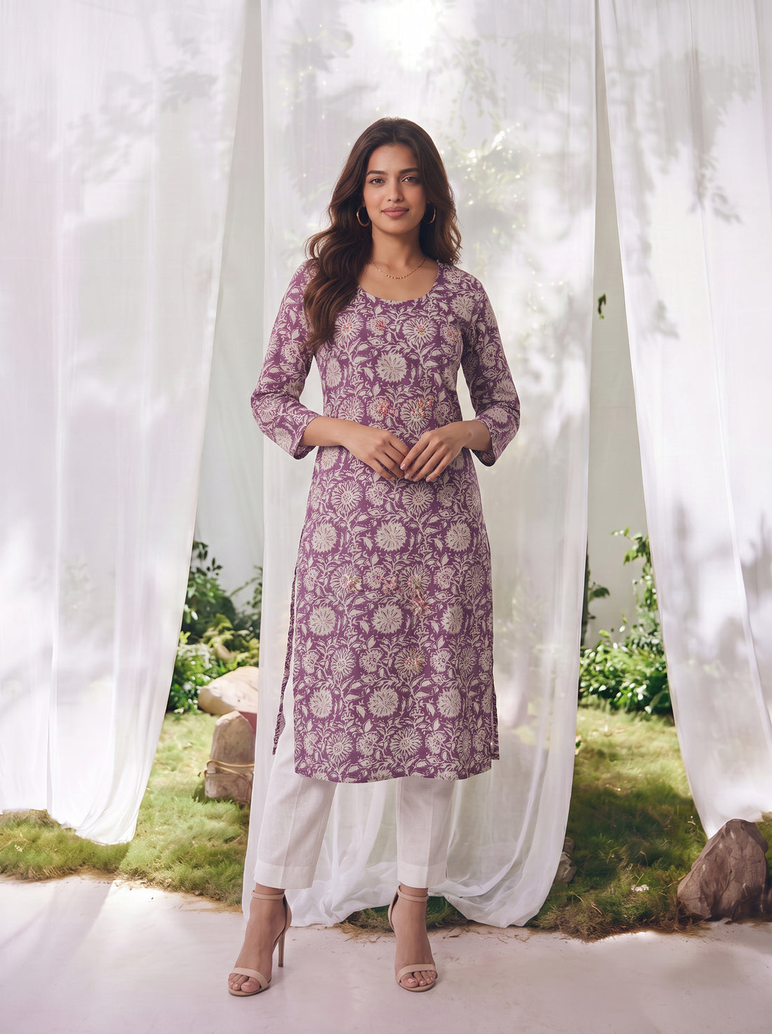 Buy Cotton Printed Straight Calf Length Kurta-Purple