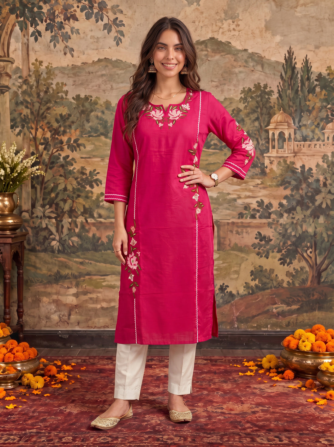 Buy Viscose Embroidered Straight Calf Length Kurta-Fuchsia