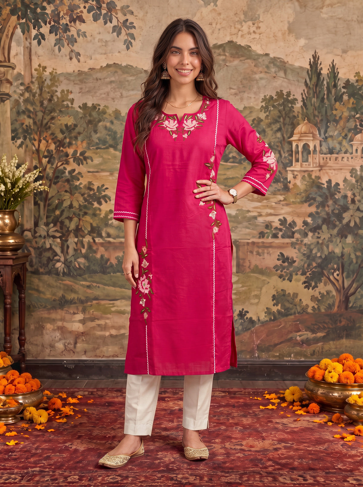 Viscose Embroidered Straight Calf Length Kurta