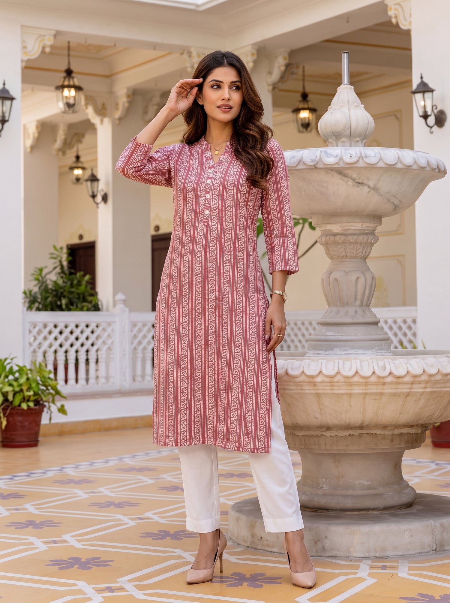 Buy Viscose Printed Straight Knee Length Kurta-Pink