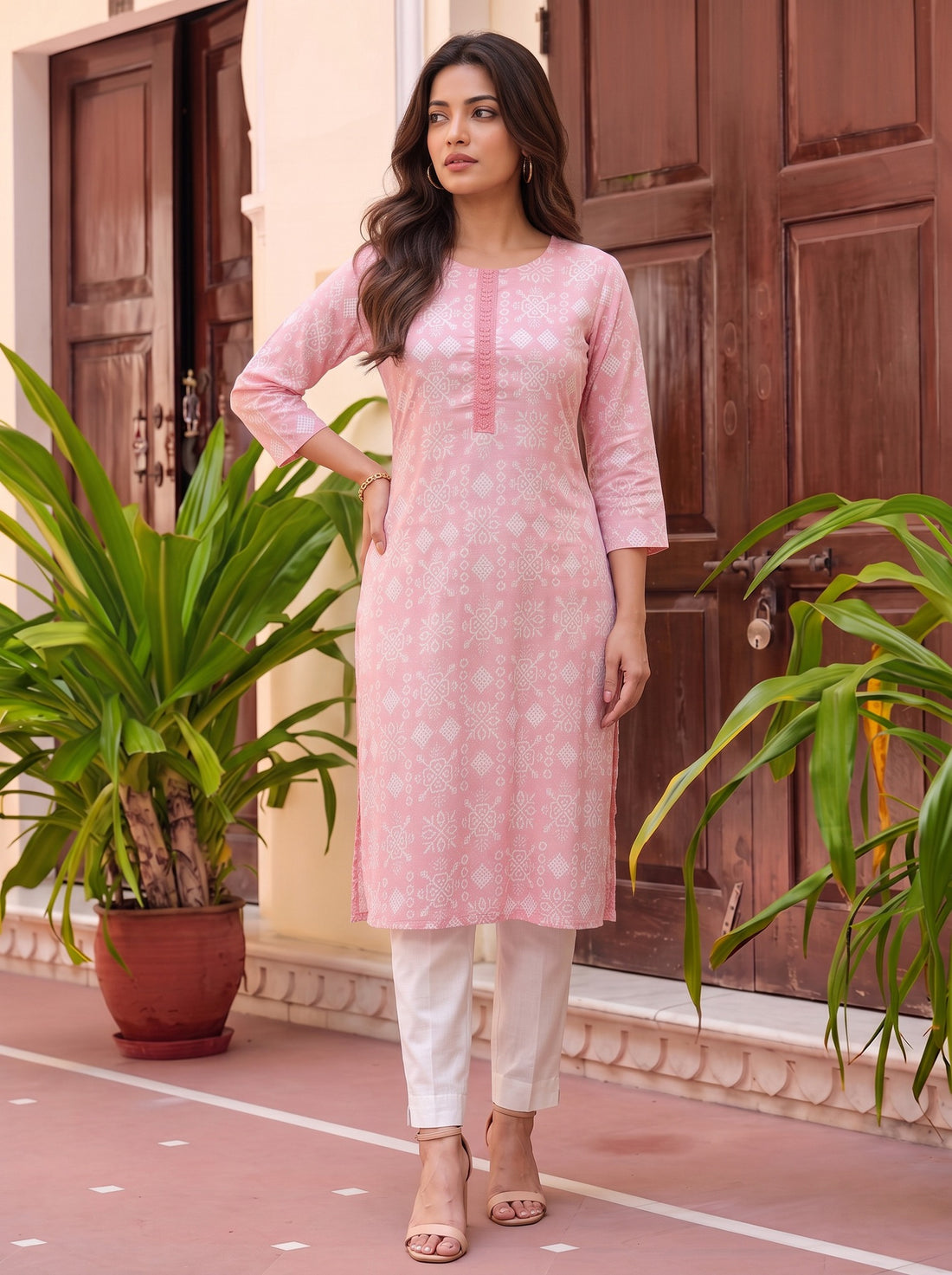 Buy Cotton Embroidered Straight Knee Length Kurta-Peach