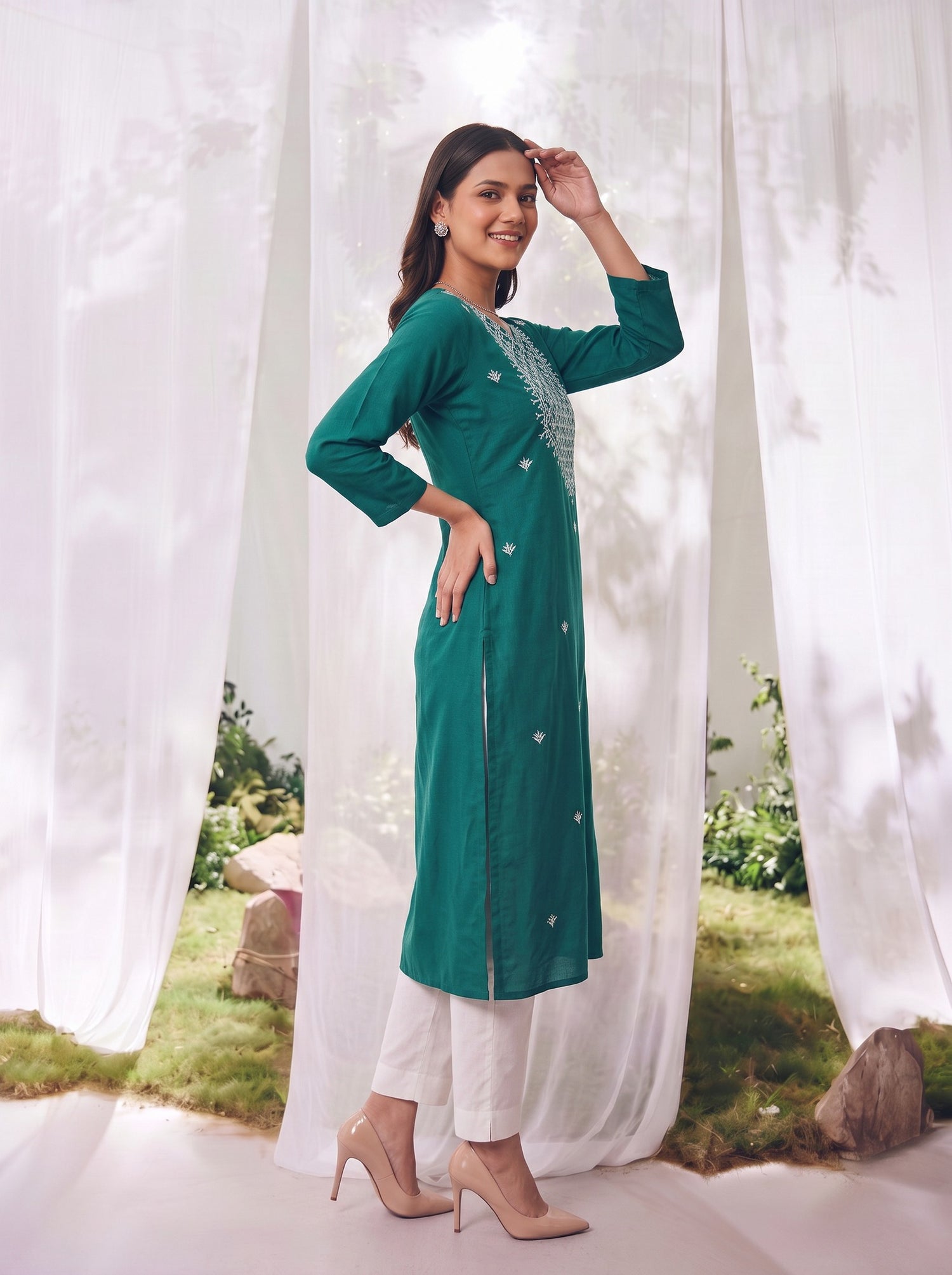 Buy Rayon Embroidered Straight Knee Length Kurta-Teal