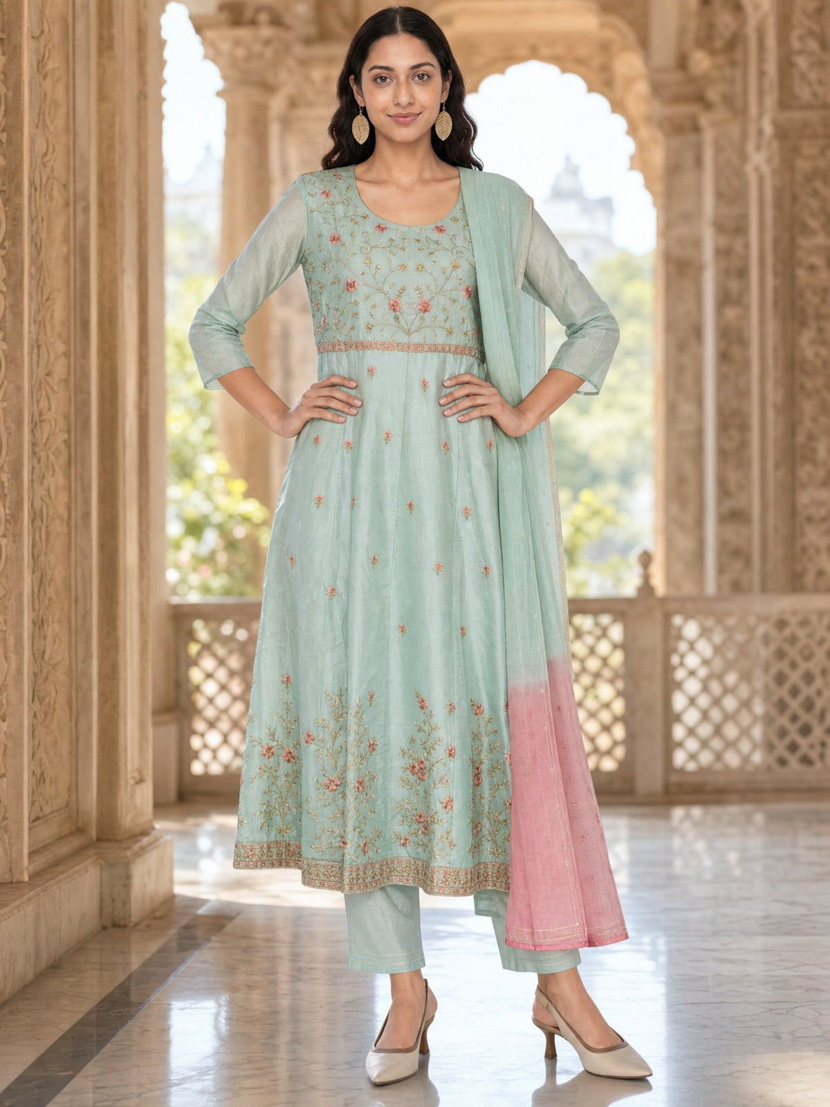 Viscose Embroidered Anarkali Calf Length Kurta With Pant and Dupatta