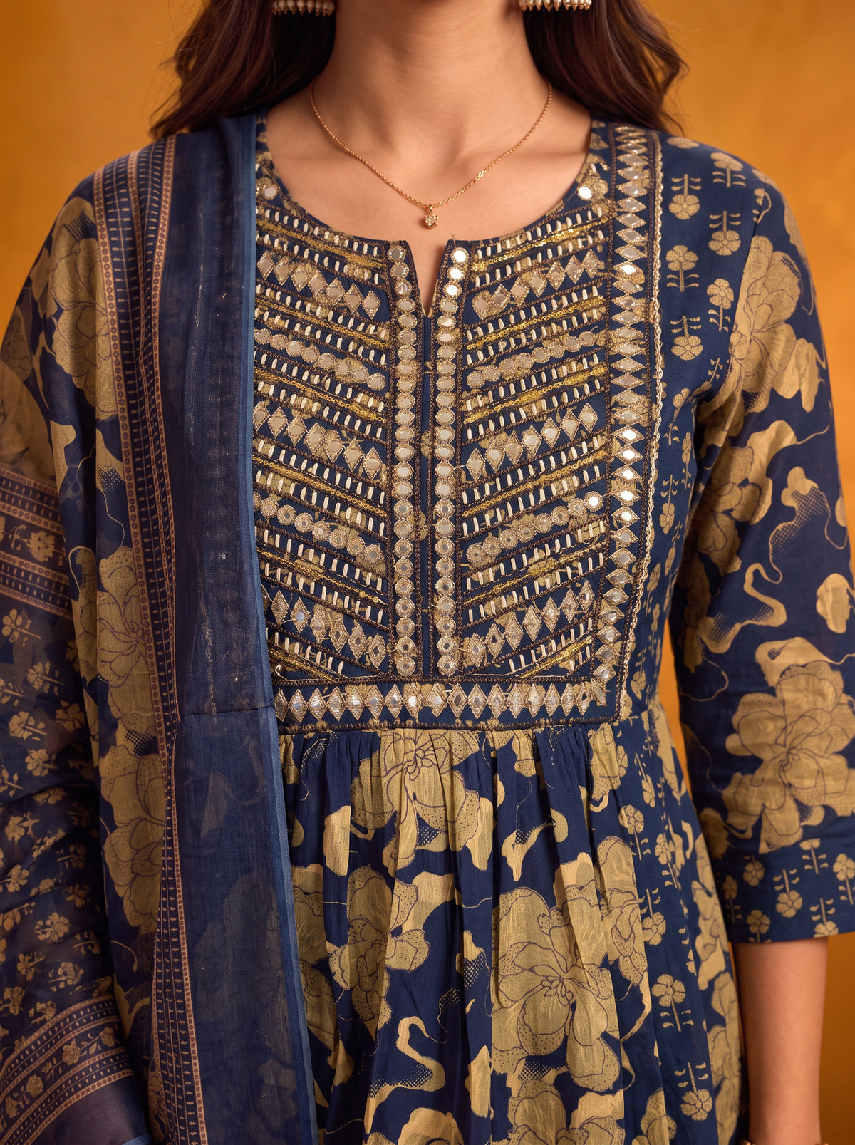 Cotton Embroidered Flared Calf Length Kurta With Pant and Dupatta