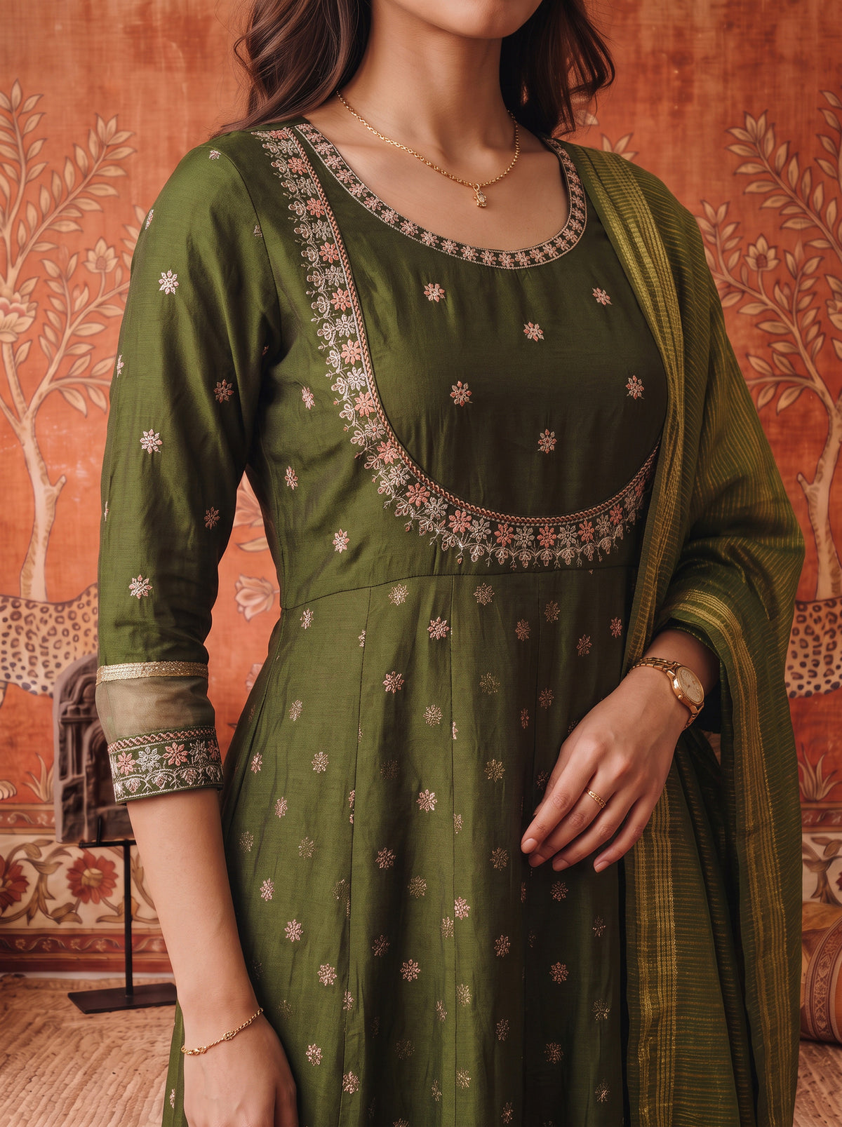 Buy Viscose Embroidered Flared Calf Length Kurta With Pant and Dupatta-Olive Green