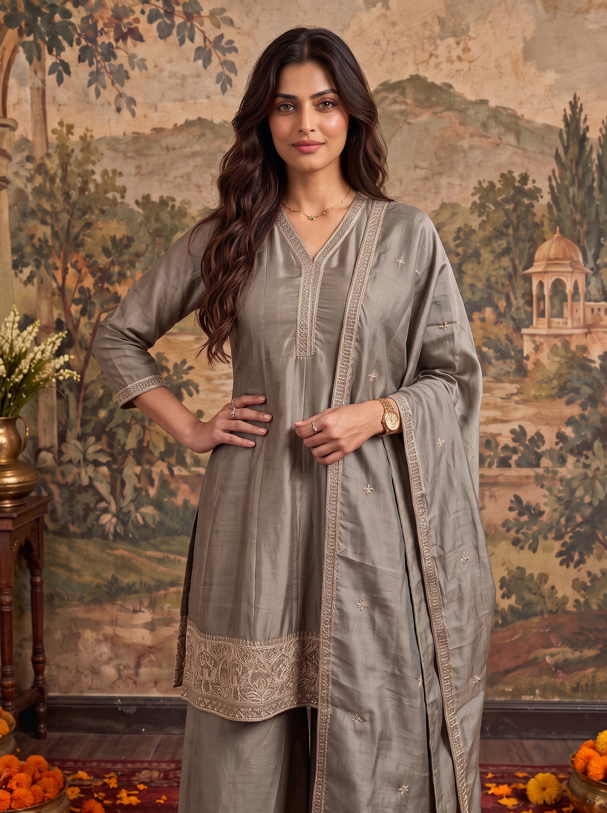 Viscose Embroidered Straight Knee Length Kurta With Pant and Dupatta
