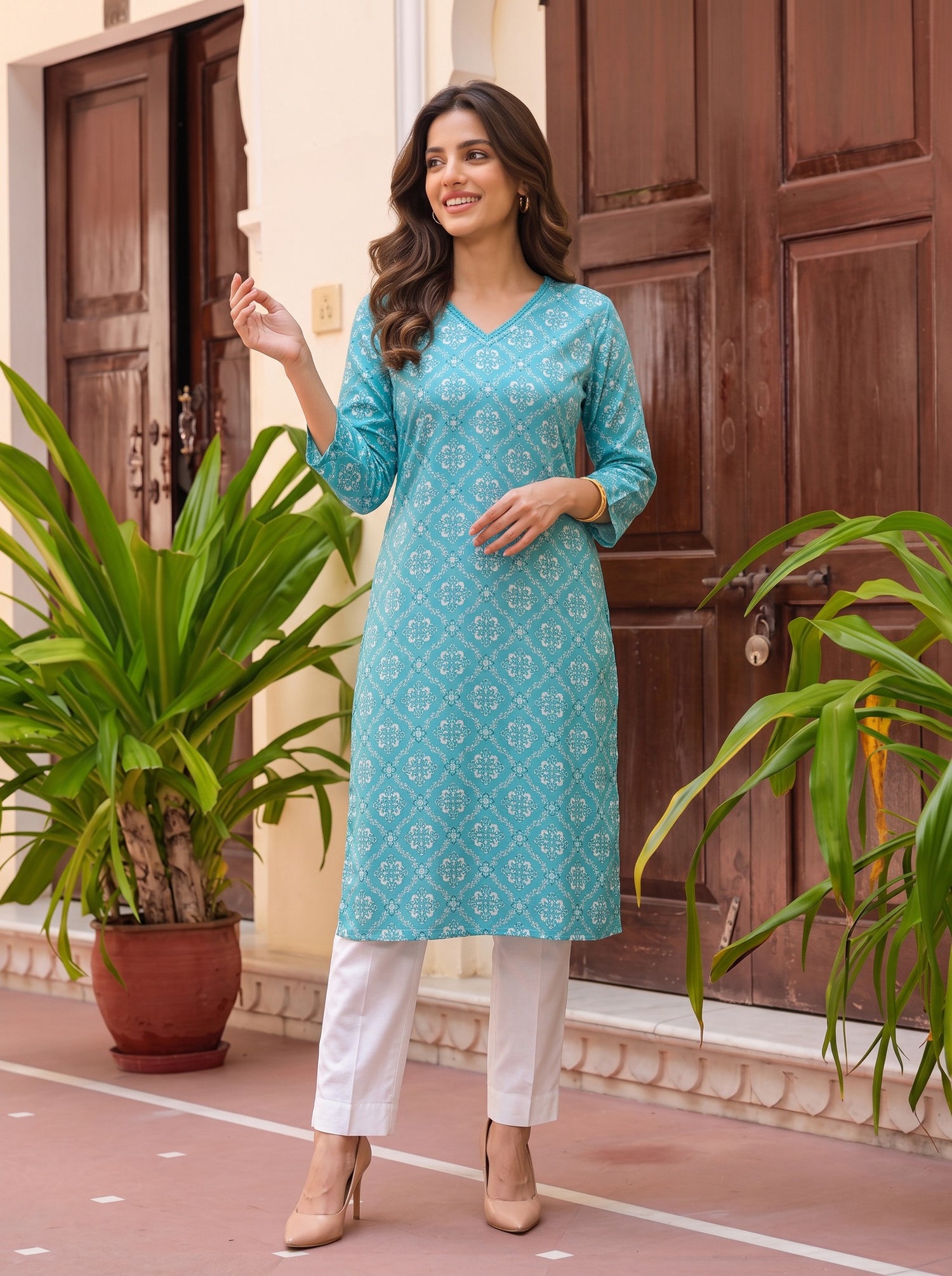 Buy Cotton Printed Straight Knee Length Kurta-Light Blue