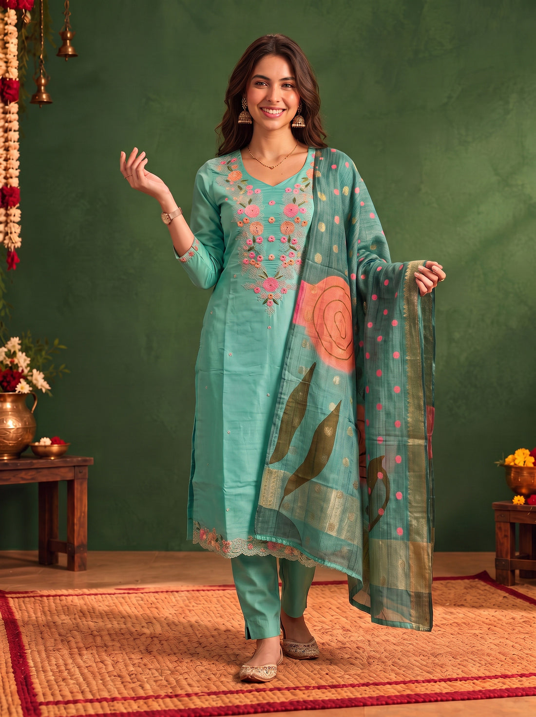 Buy Viscose Embroidered Straight Calf Length Kurta With Pant and Dupatta-Sea Green