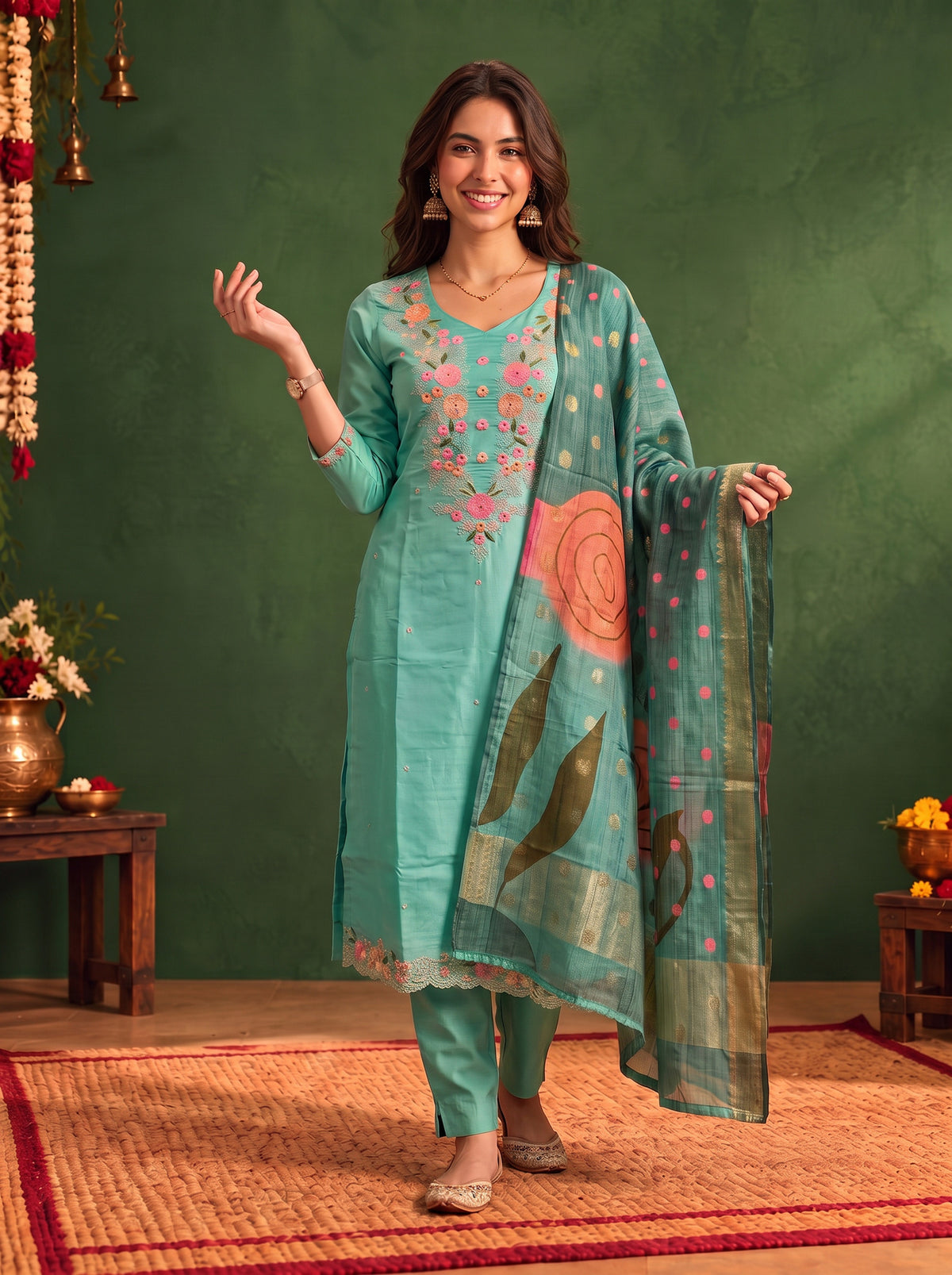 Viscose Embroidered Straight Calf Length Kurta With Pant and Dupatta