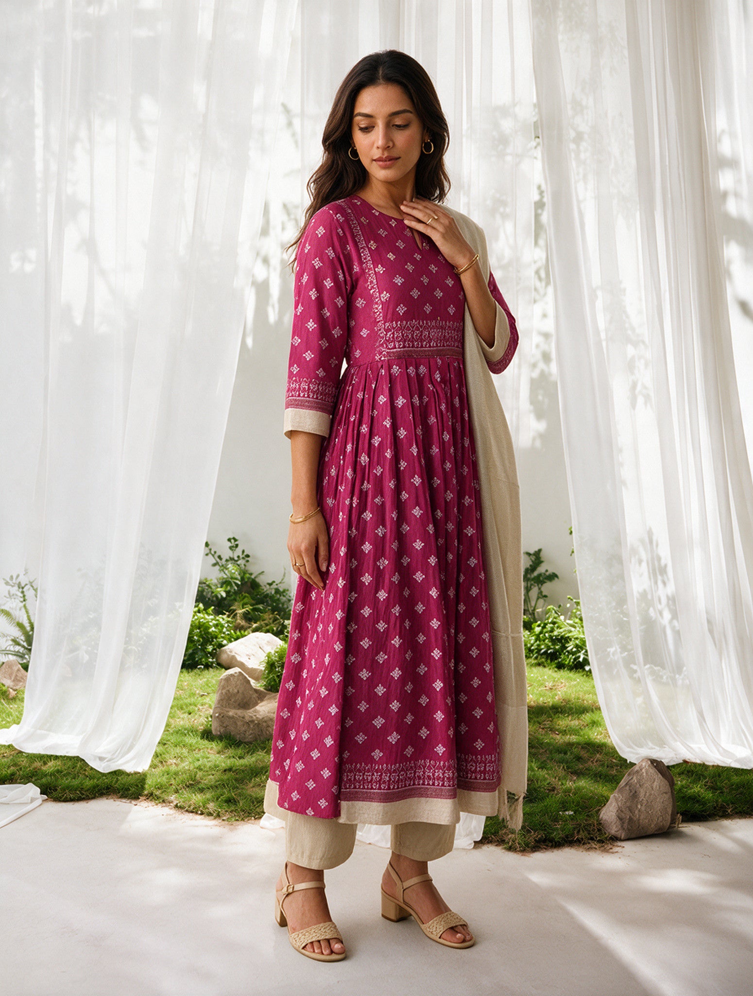 Viscose Printed Flared Calf Length Kurta With Pant and Dupatta