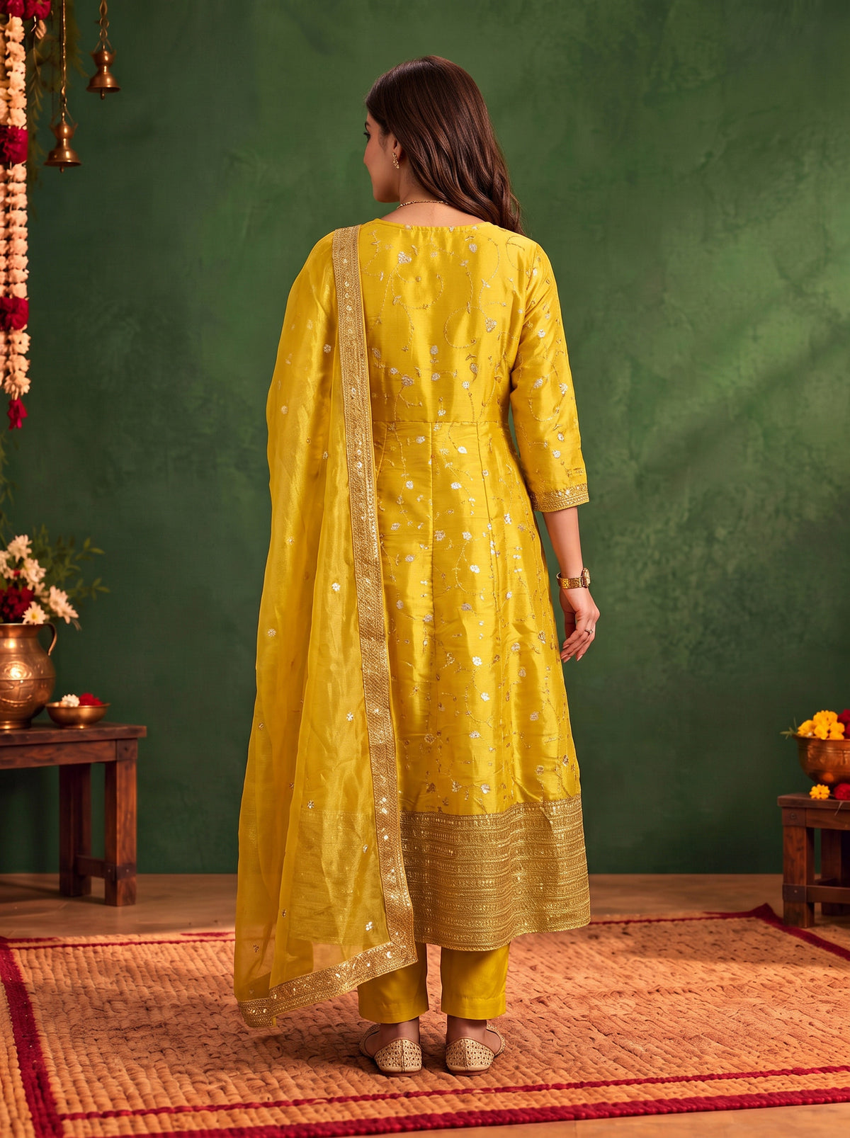 Buy Viscose Embroidered Flared Calf Length Kurta With Pant and Dupatta-Mustard