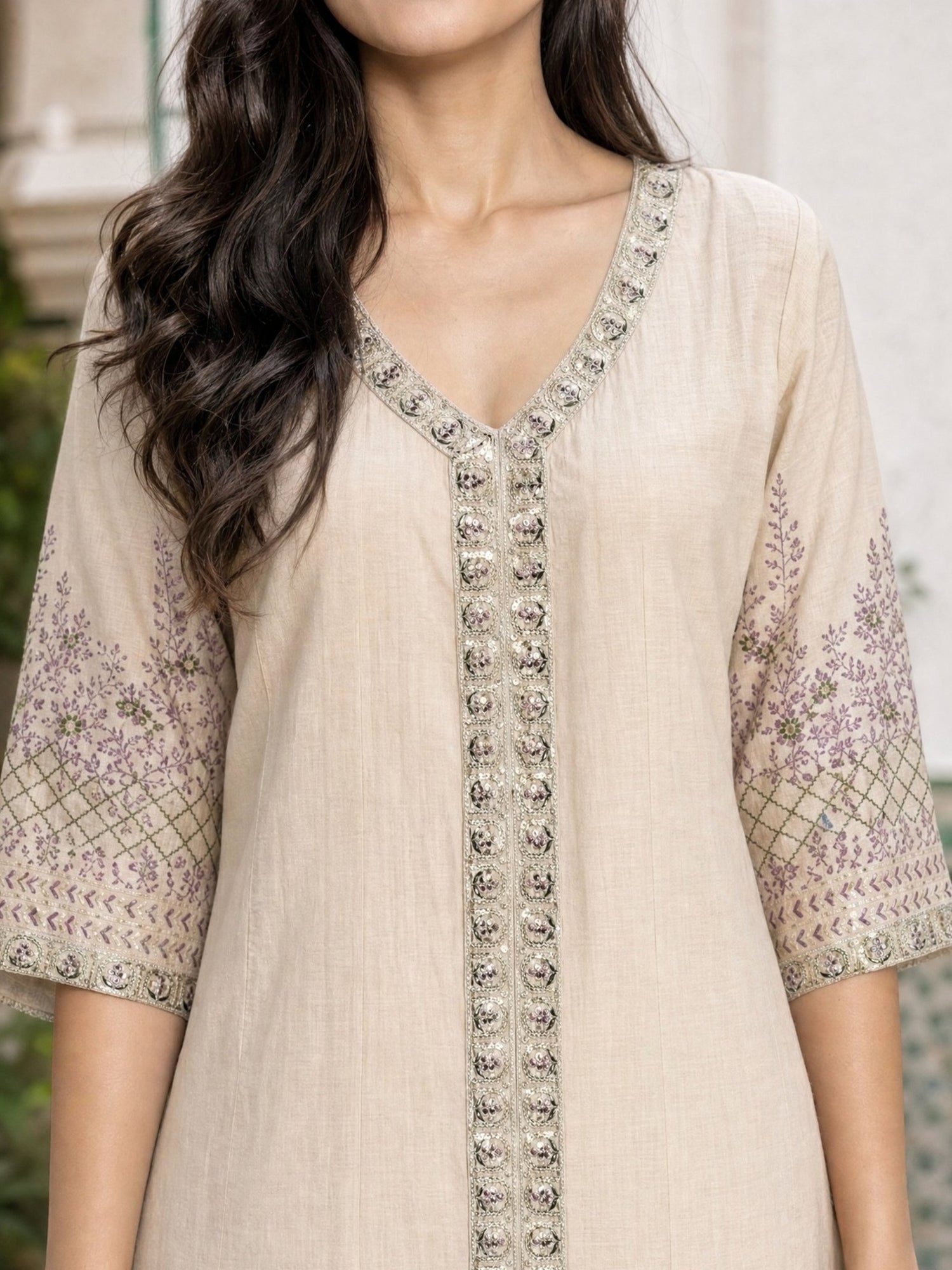 Buy Viscose Embroidered Flared Calf Length Kurta-Cream