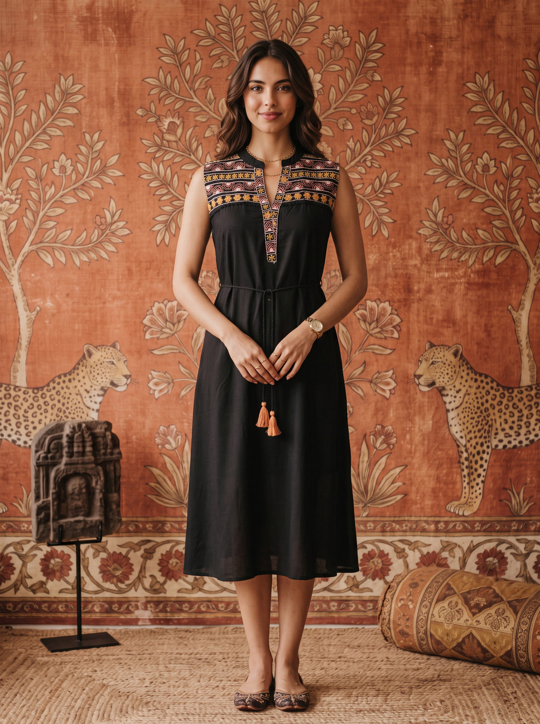 Buy Rayon Embroidered Flared Calf Length Dress-Black