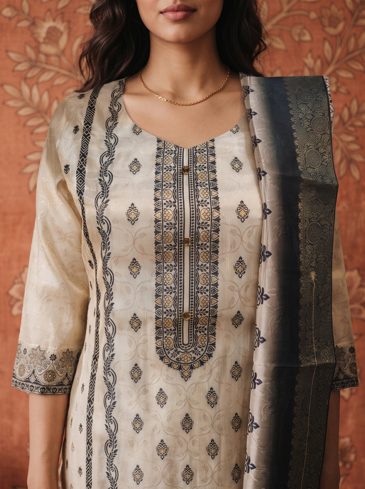 Buy Jacquard Self Design Straight Calf Length Kurta With Pant and Dupatta-Cream