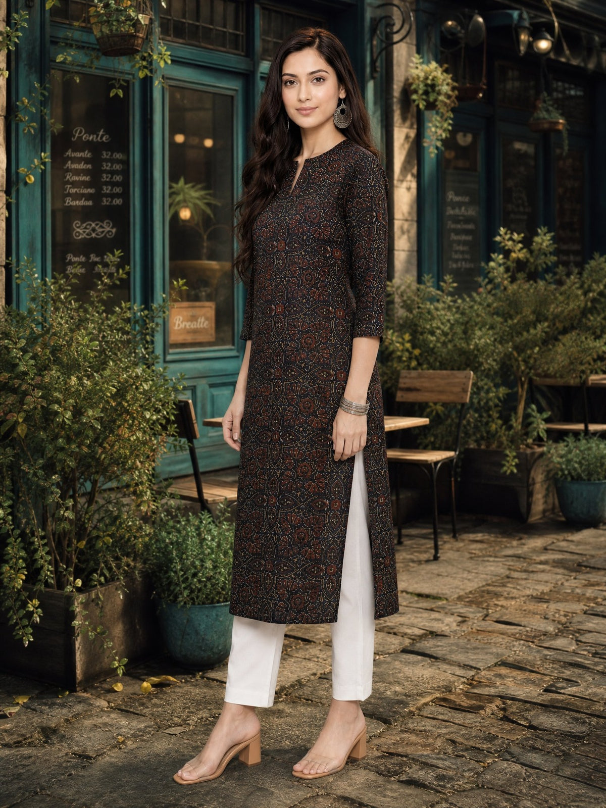Buy Cotton Printed Straight Knee Length Kurta-Navy Blue
