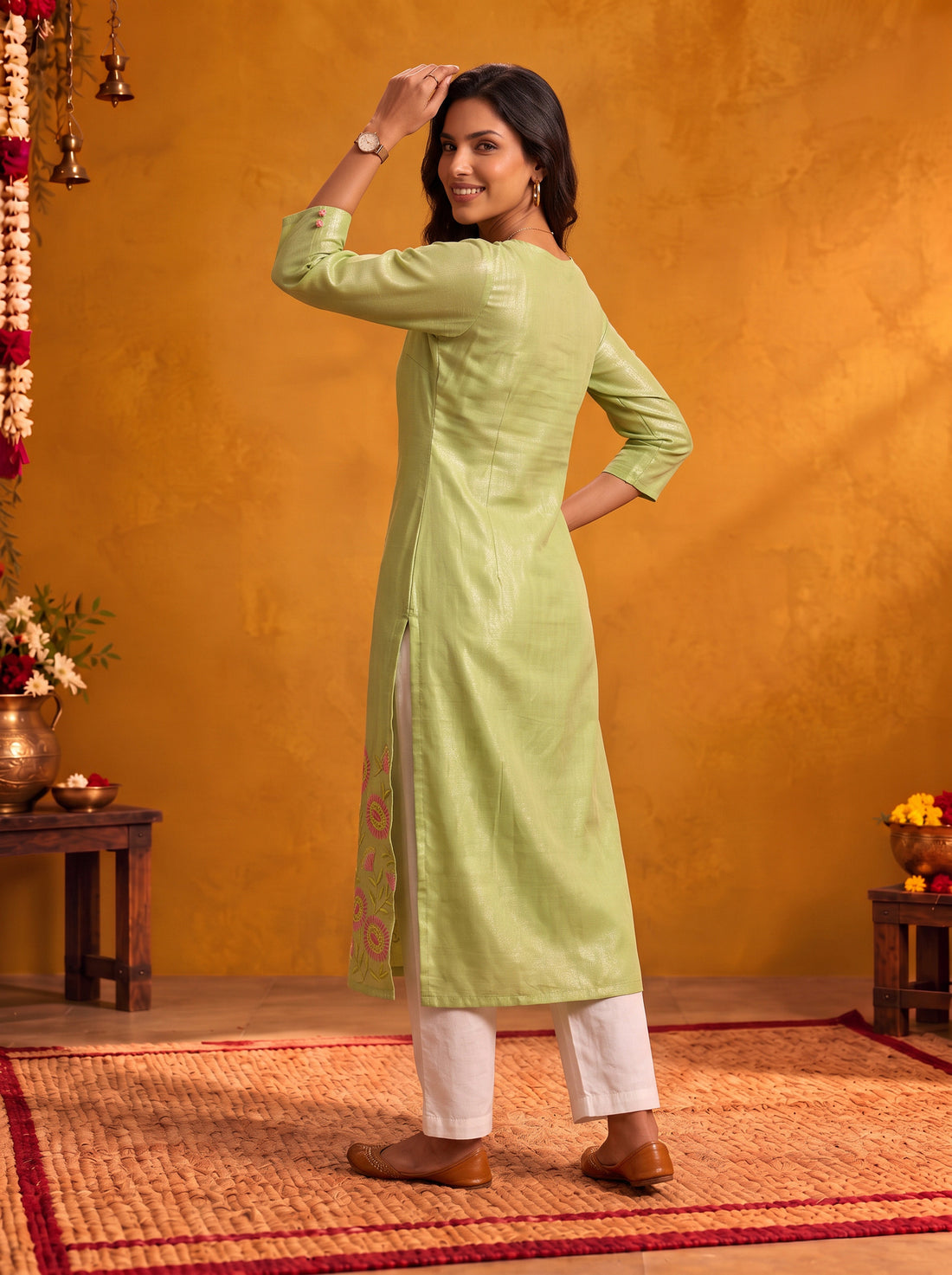 Buy Cotton Embroidered Straight Calf Length Kurta-Lime Green