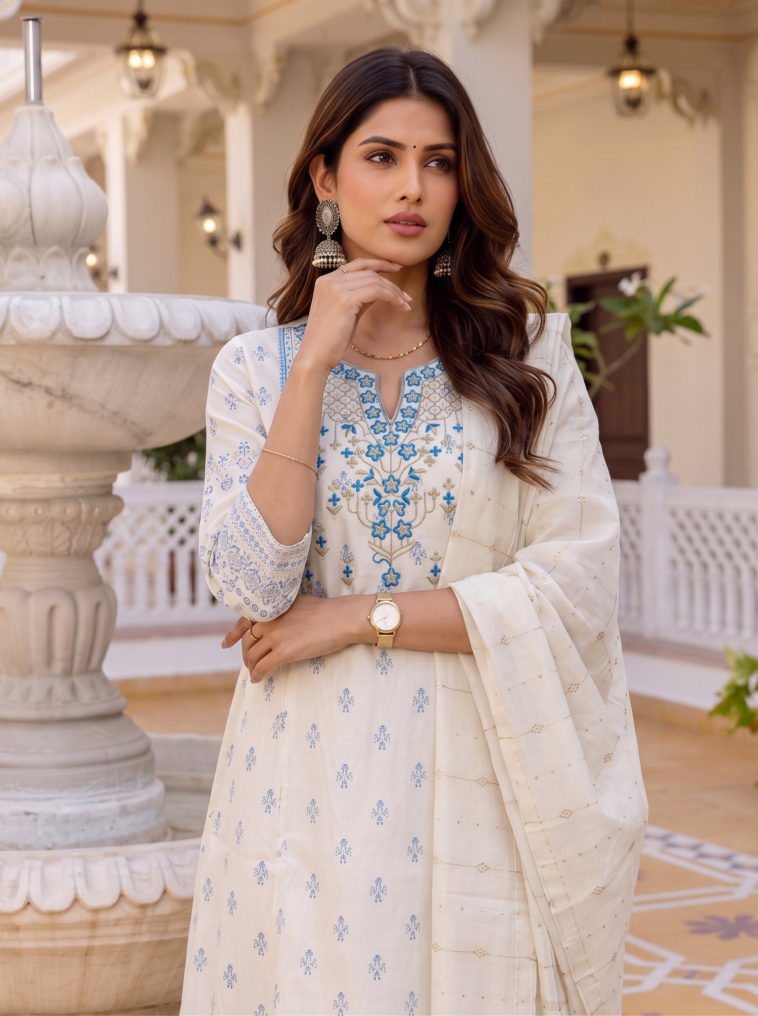 Buy Viscose Embroidered Flared Calf Length Kurta With Pant-Off White
