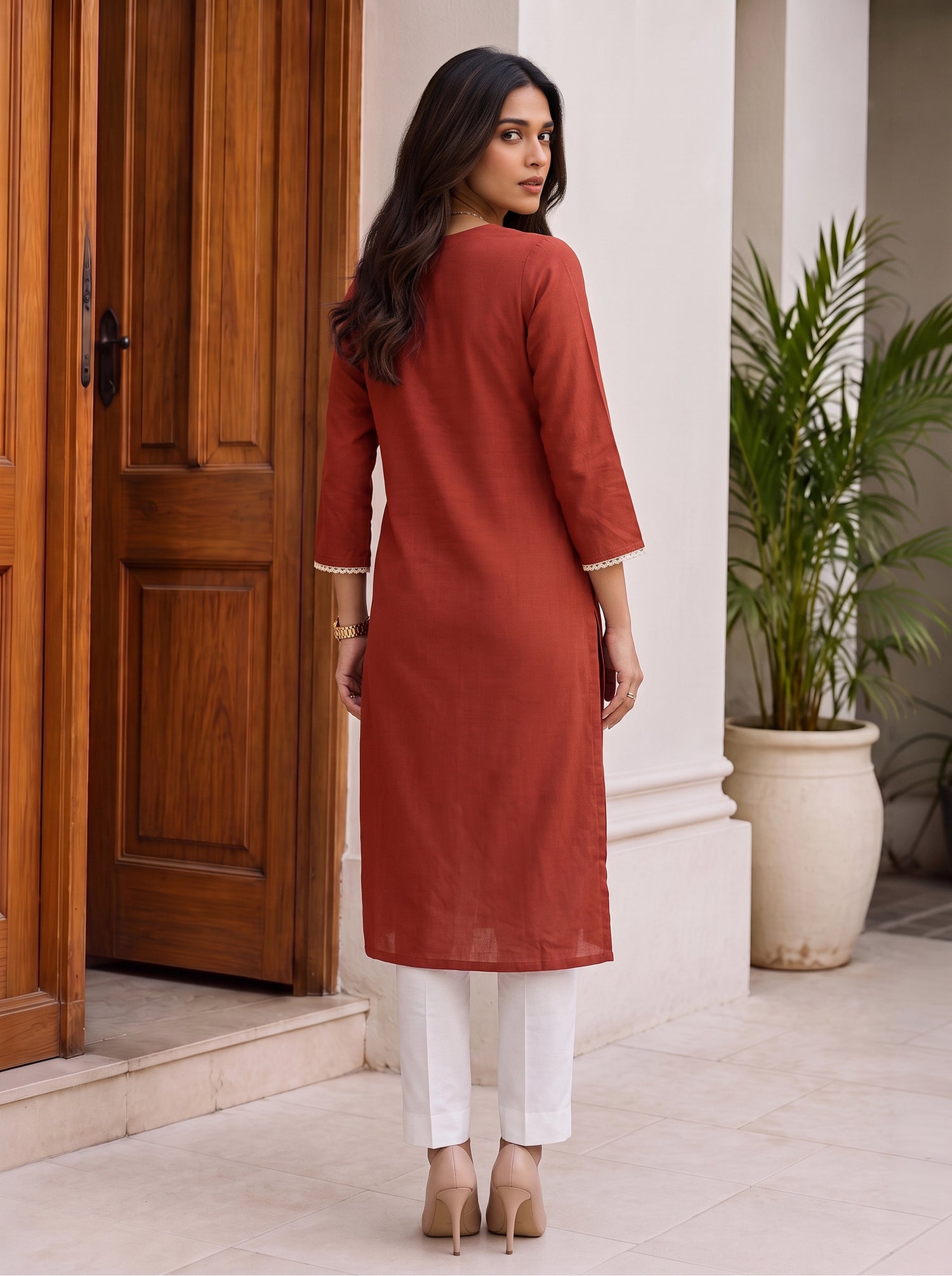 Buy Rayon Embroidered Straight Calf Length Kurta-Rust