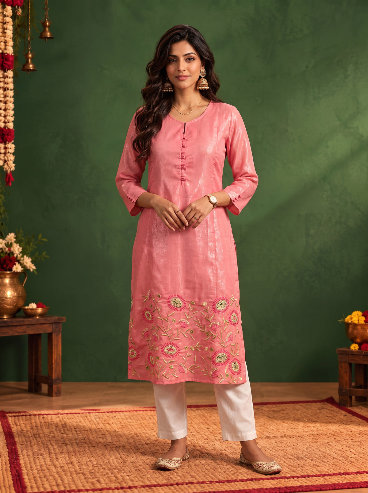 Buy Cotton Embroidered Straight Calf Length Kurta-Light Pink
