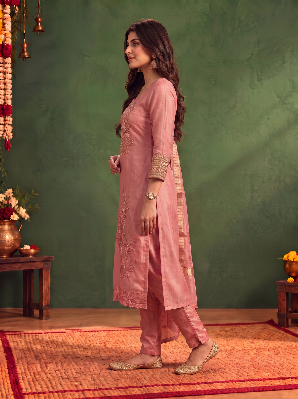 Buy Viscose Embroidered Straight Calf Length Kurta With Pant and Dupatta-Peach