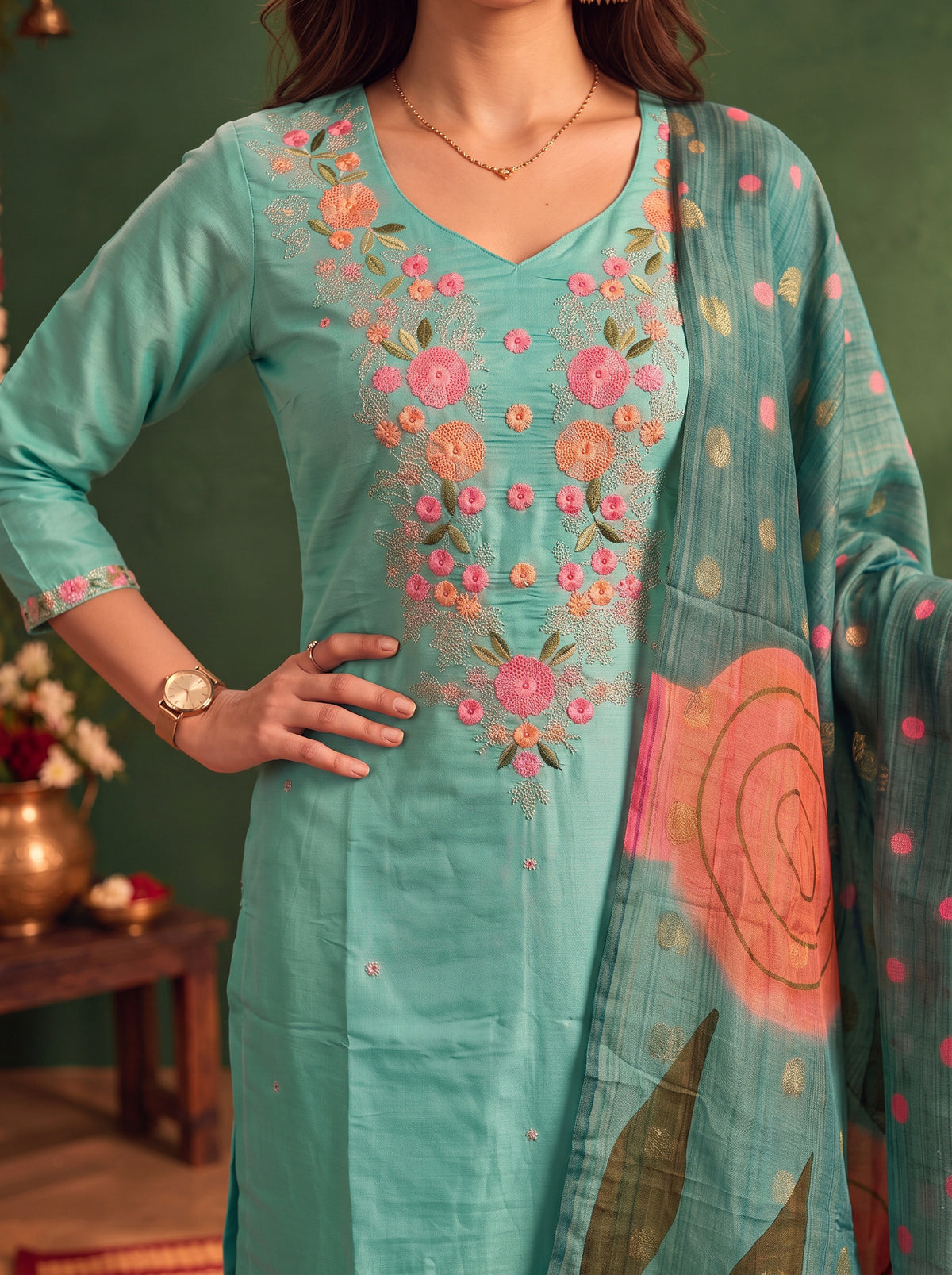 Viscose Embroidered Straight Calf Length Kurta With Pant and Dupatta