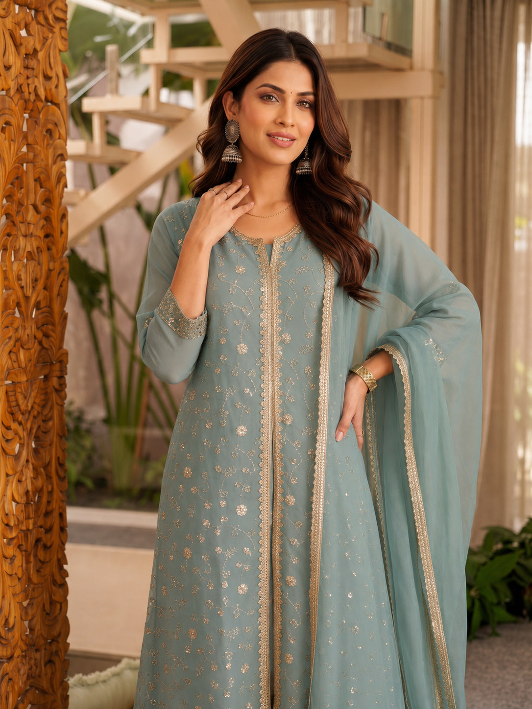 Rayon Embroidered Flared Calf Length Kurta With Pant and Dupatta