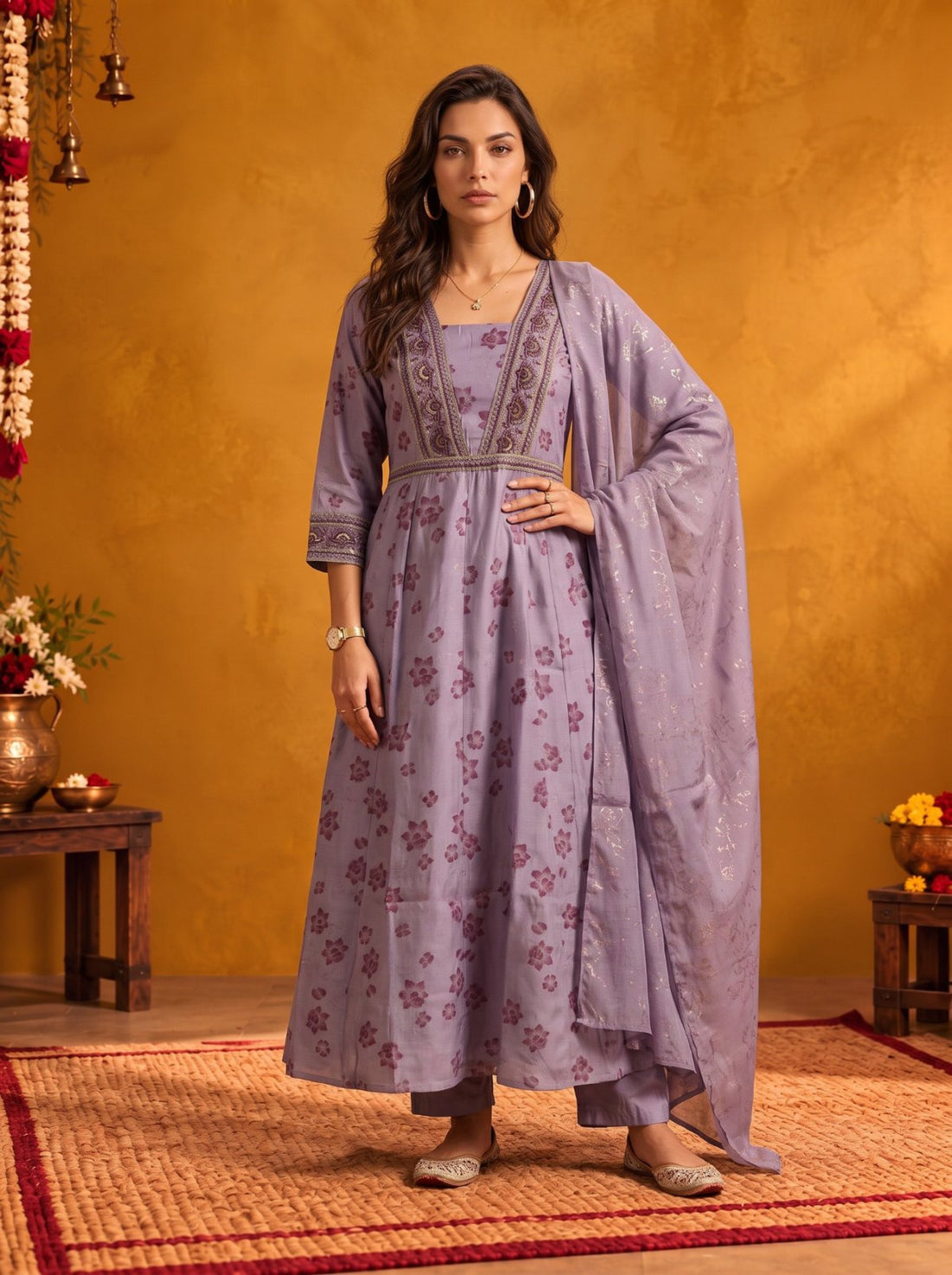 Buy Viscose Embroidered Flared Calf Length Kurta With Pant and Dupatta-Lavender