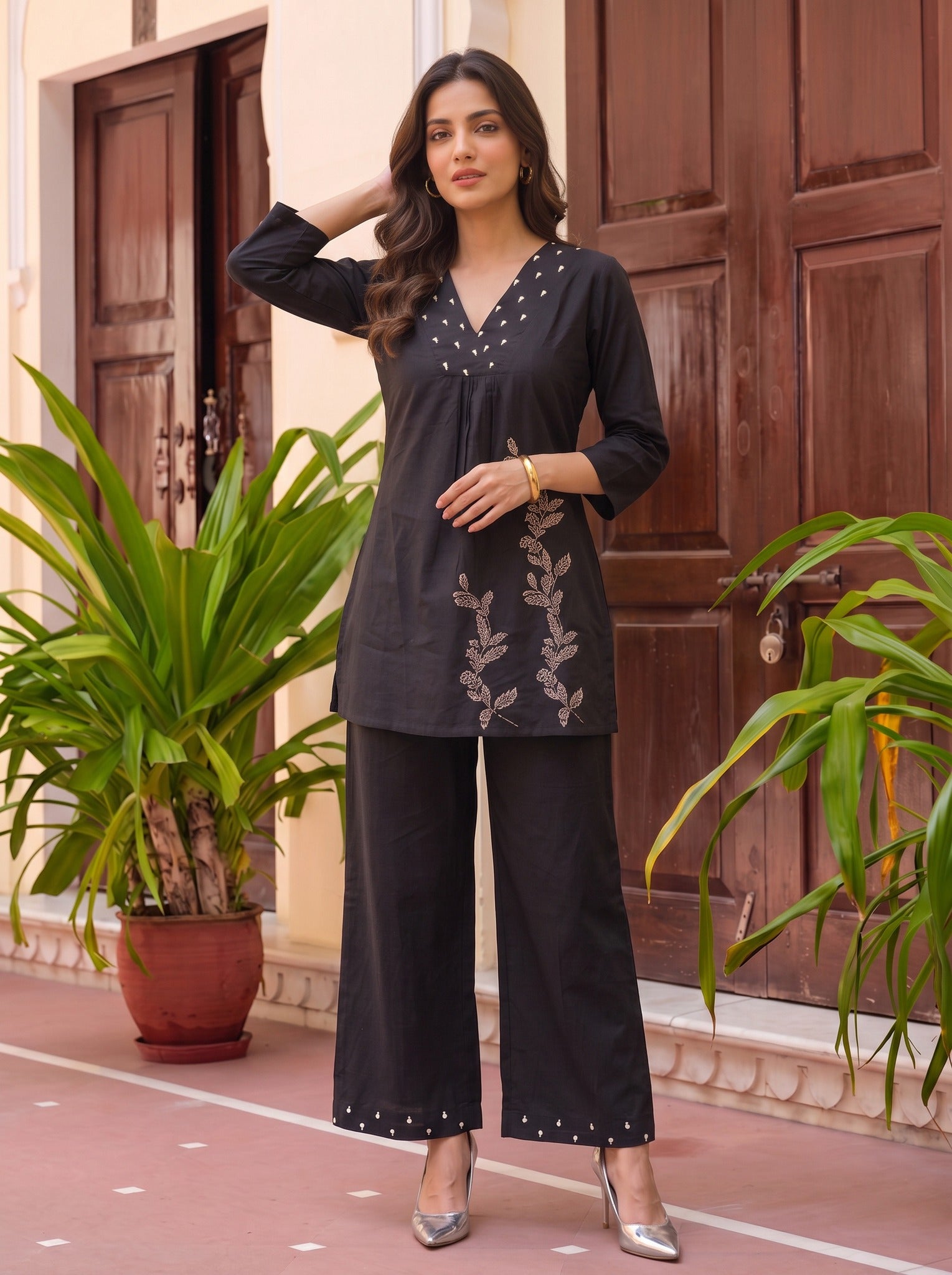 Cotton Embroidered Straight Co-Ord Set